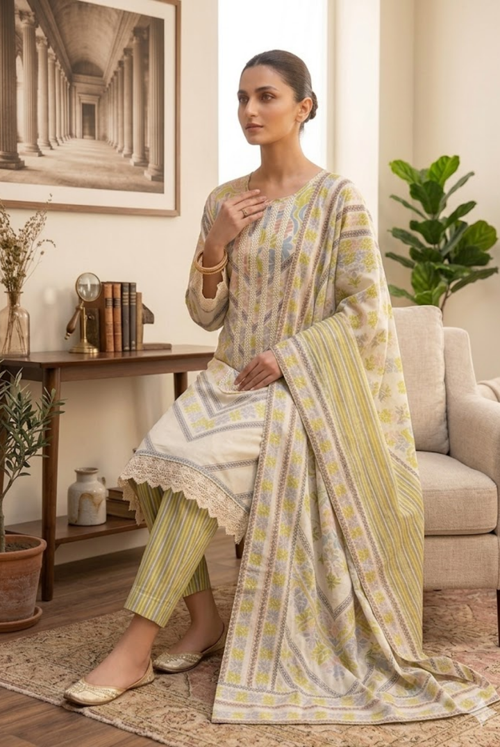 Pastel Ivory Printed Suit Set with Dupatta