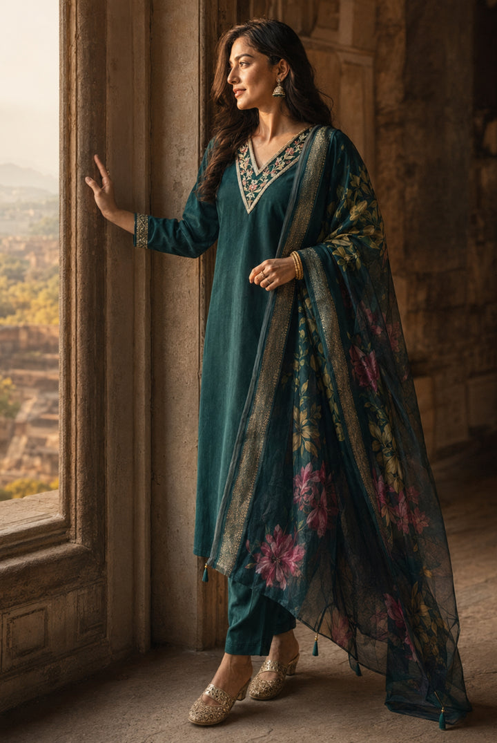 Teal Green Roman Silk Floral Suit Set