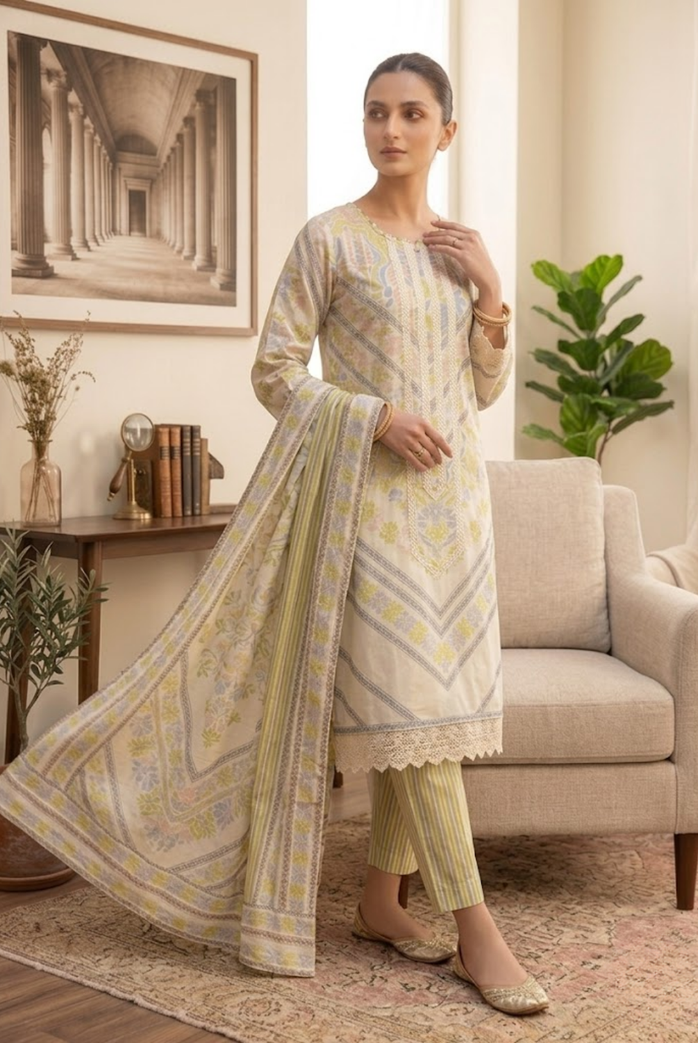 Pastel Ivory Printed Suit Set with Dupatta