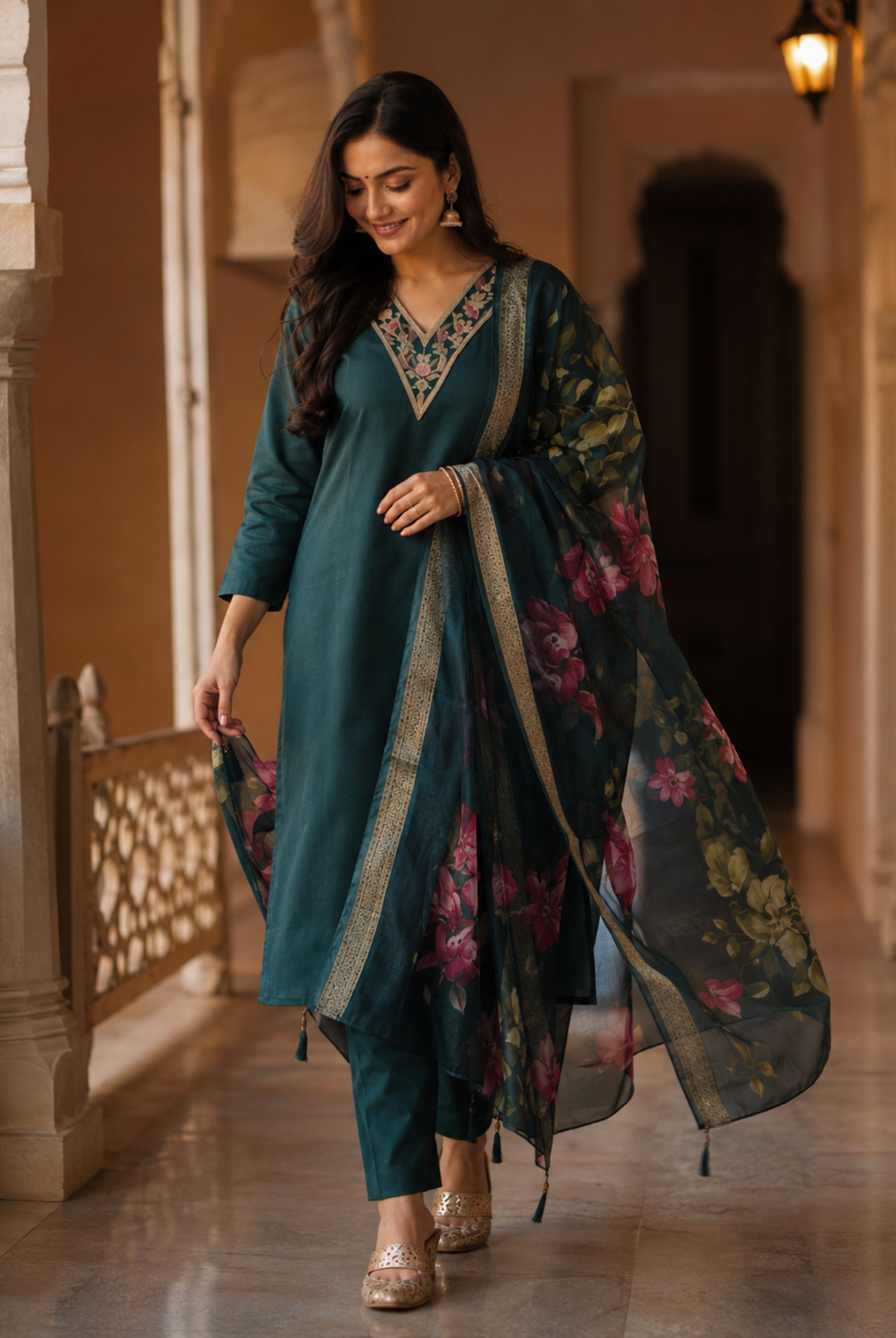 Teal Green Roman Silk Floral Suit Set