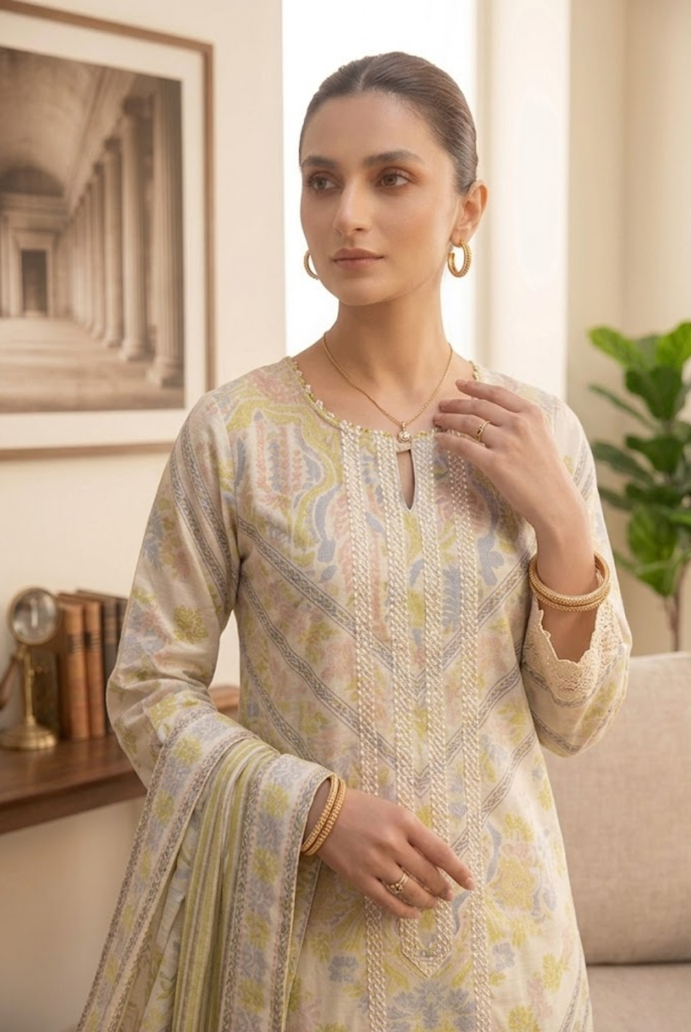 Pastel Ivory Printed Suit Set with Dupatta