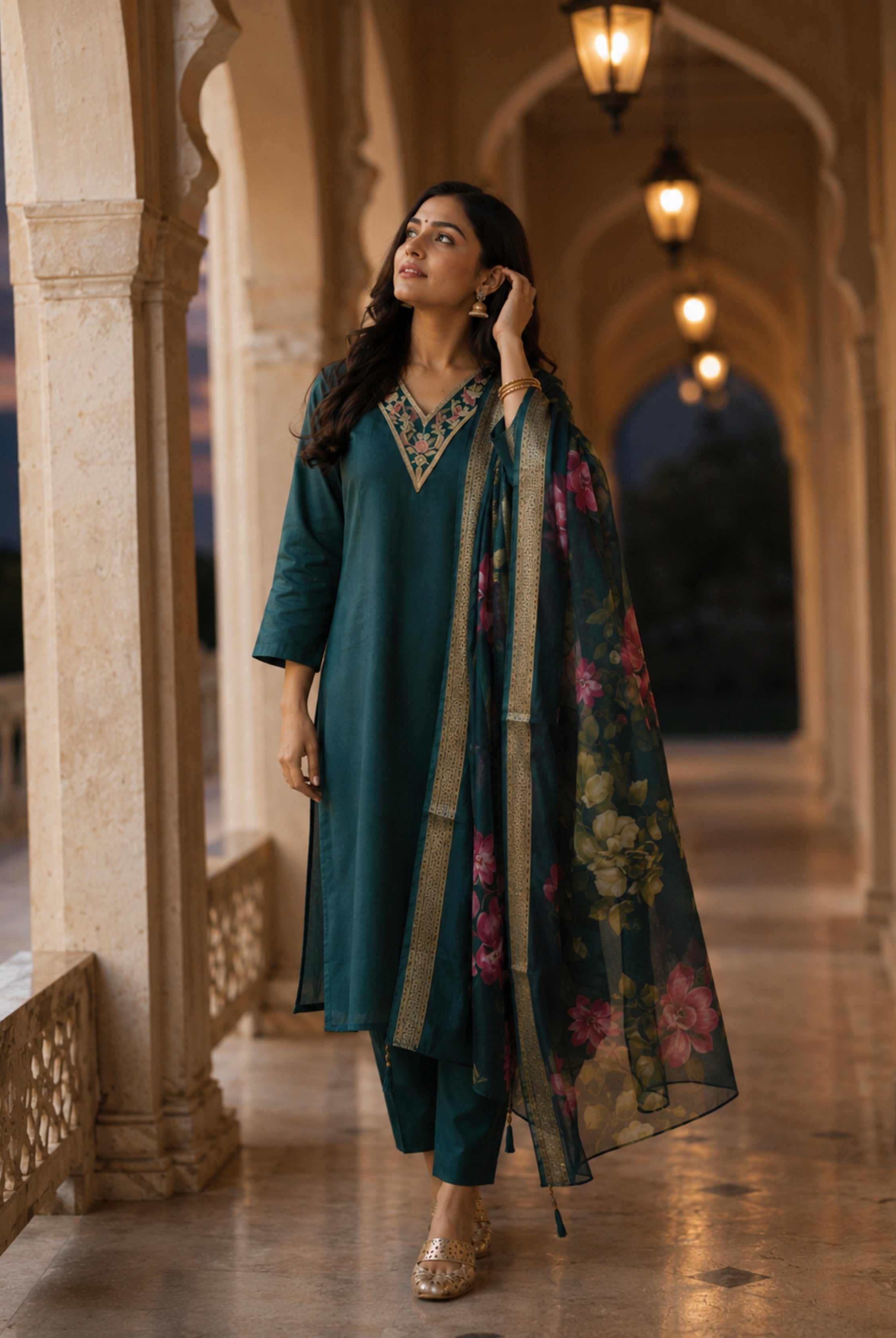Teal Green Roman Silk Floral Suit Set
