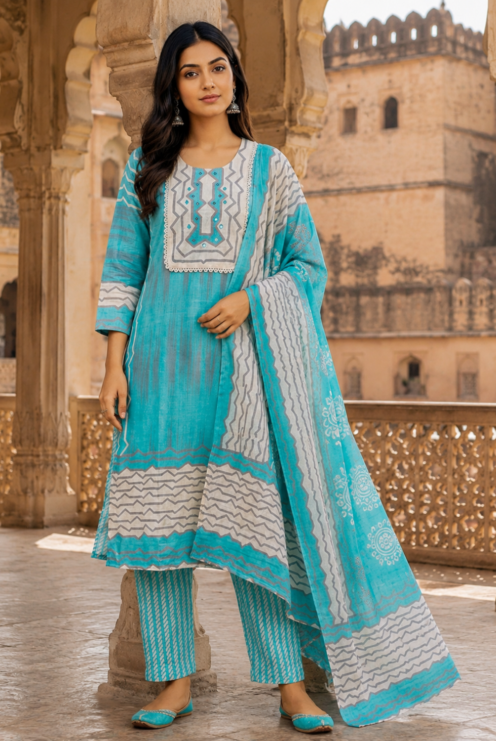 Turquoise Blue Printed Cotton Suit Set with Dupatta