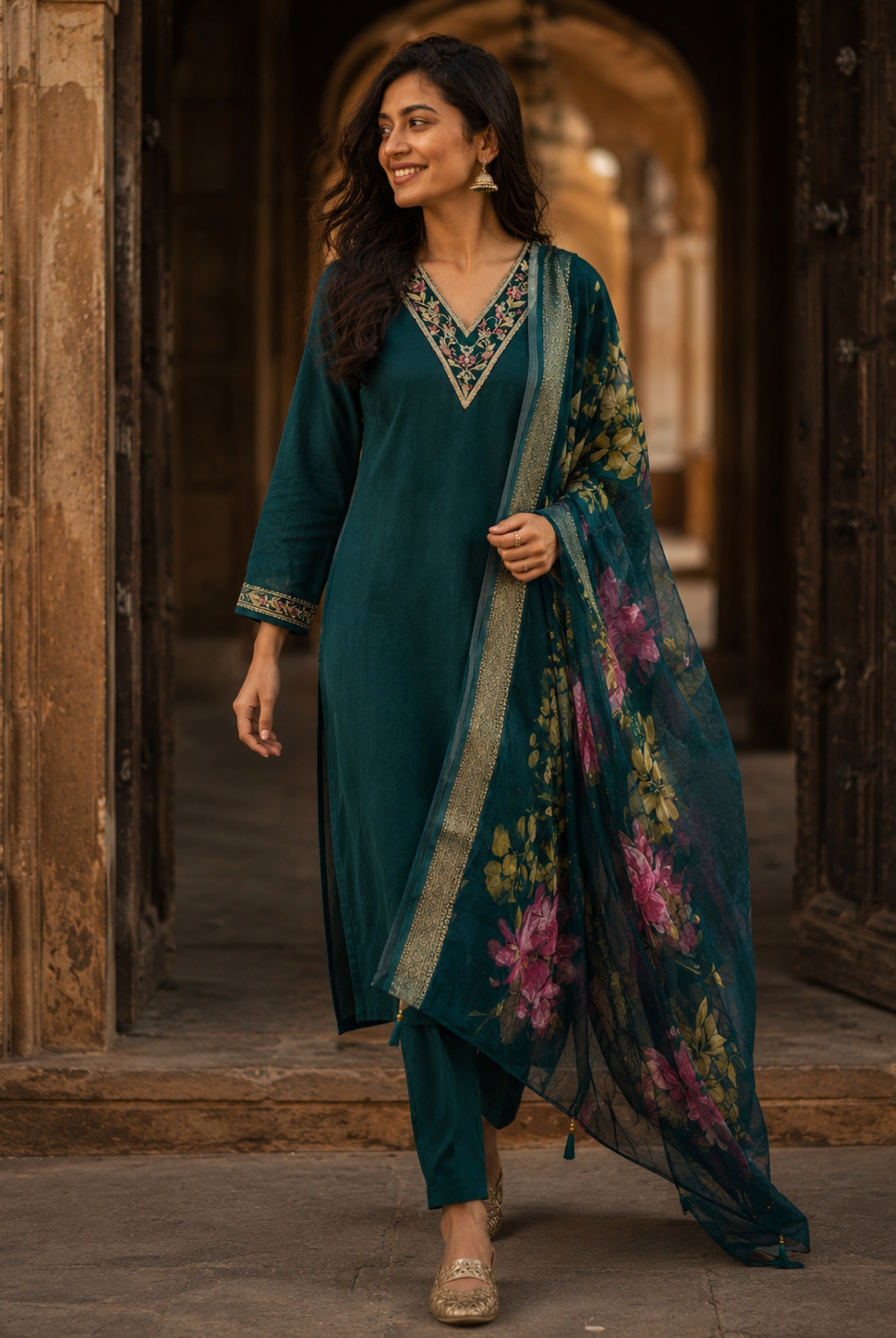 Teal Green Roman Silk Floral Suit Set