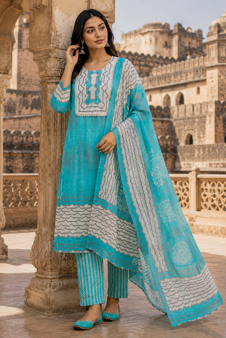 Turquoise Blue Printed Cotton Suit Set with Dupatta
