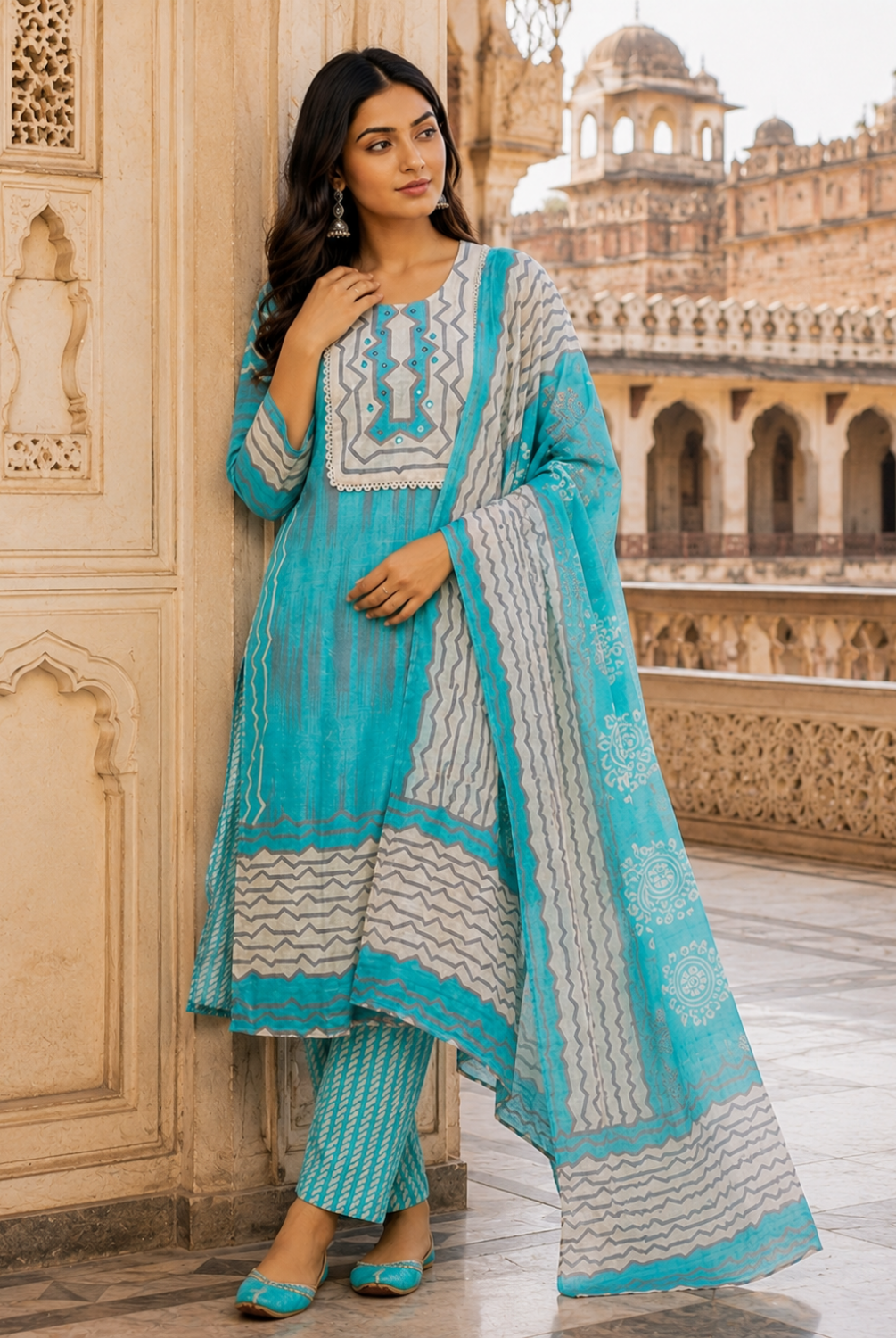 Turquoise Blue Printed Cotton Suit Set with Dupatta