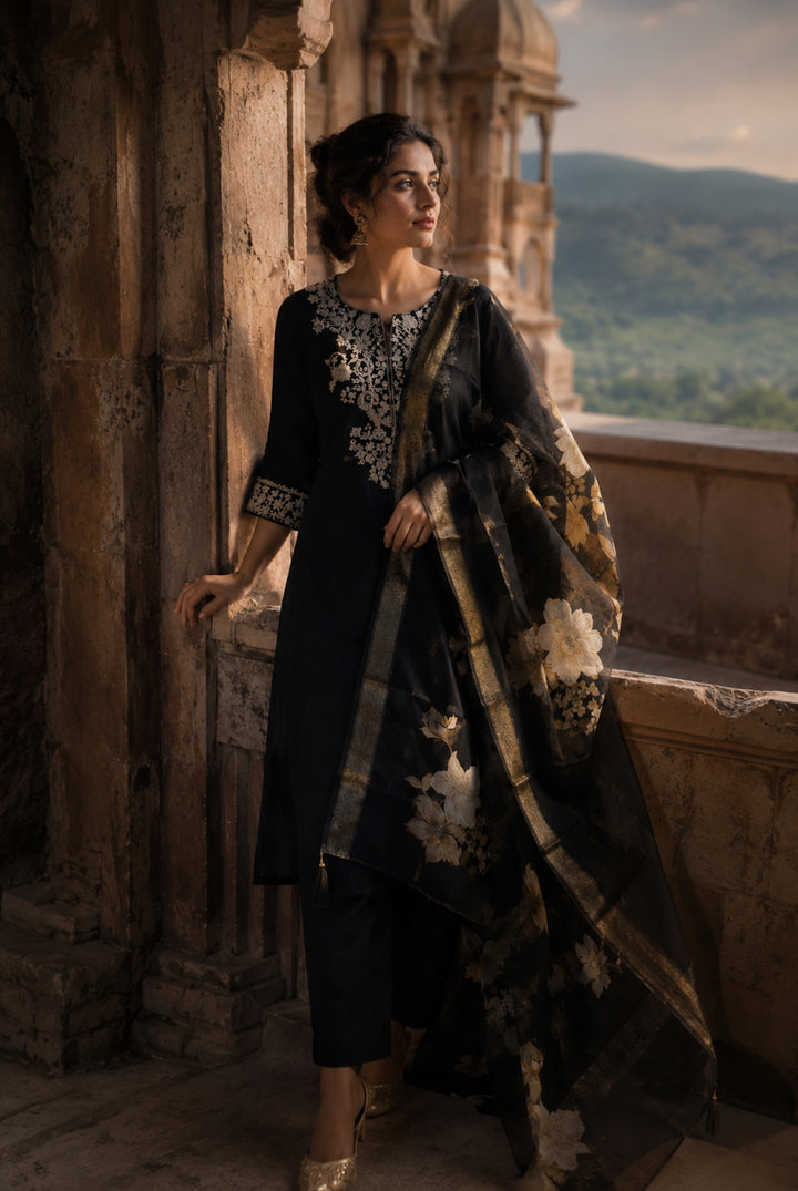 Classic Black Roman Silk Embroidered Suit Set