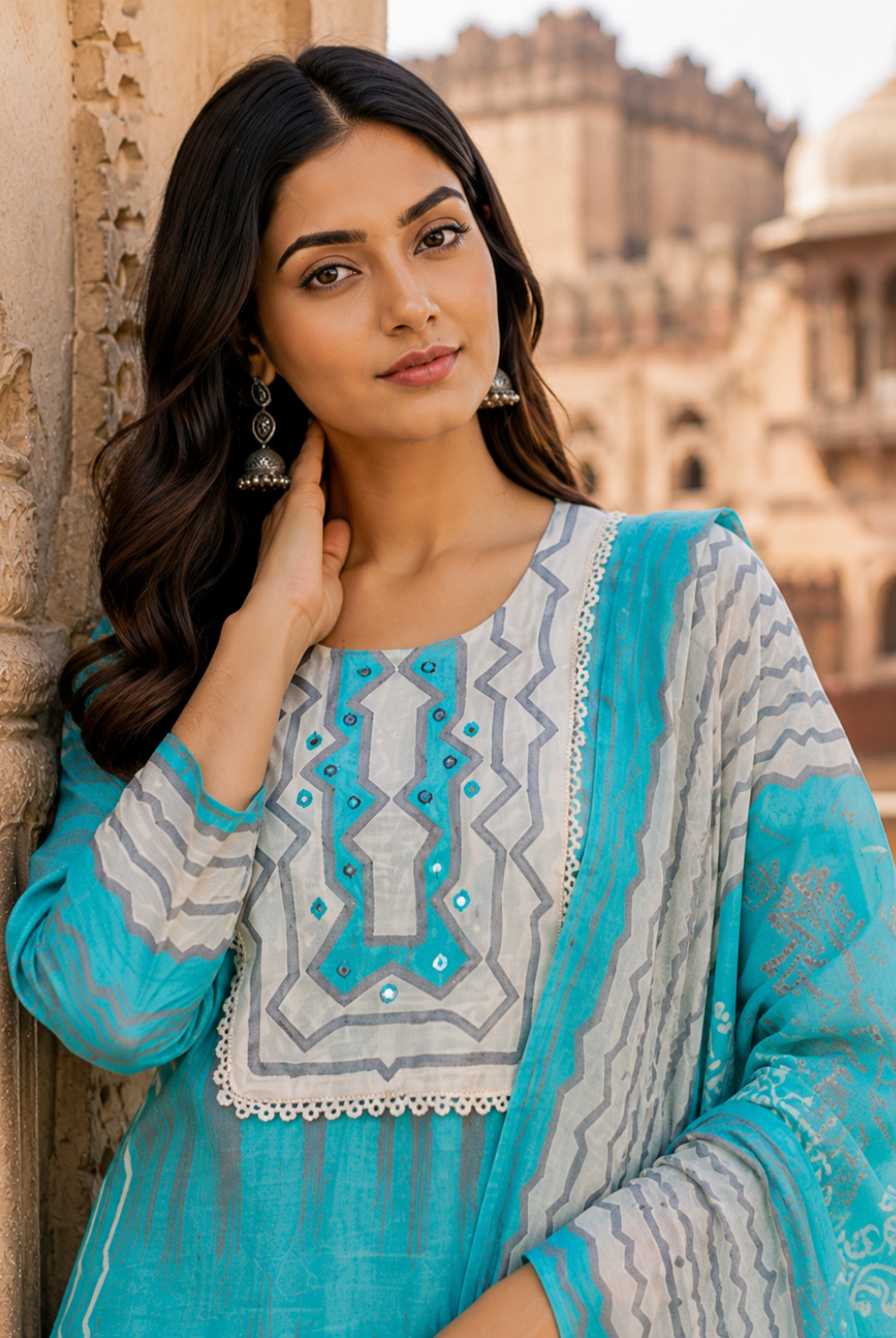Turquoise Blue Printed Cotton Suit Set with Dupatta