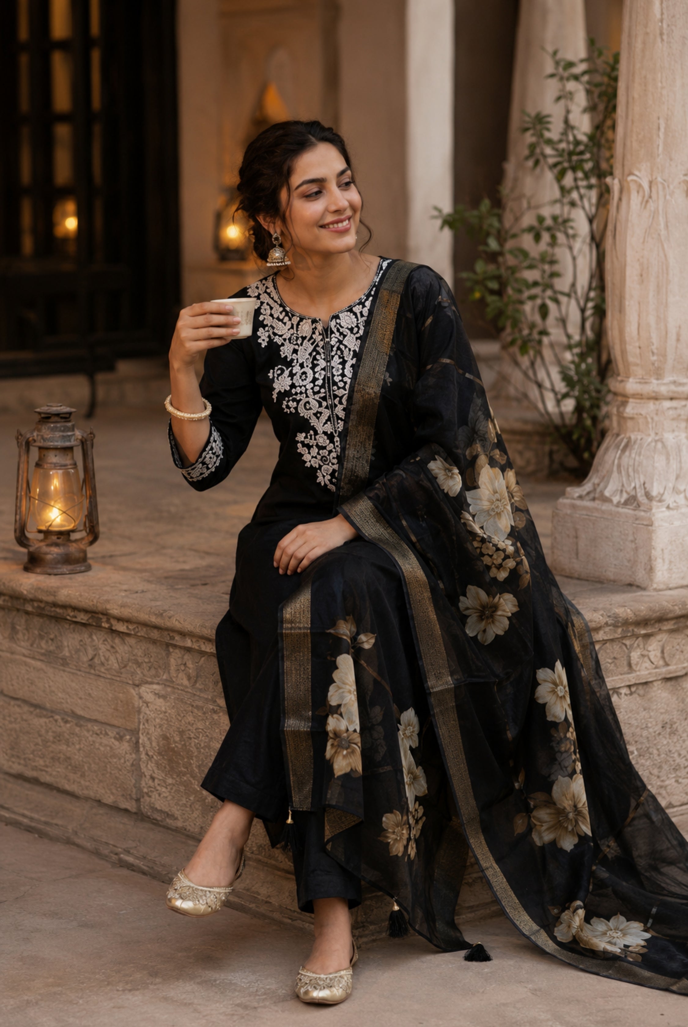Classic Black Roman Silk Embroidered Suit Set