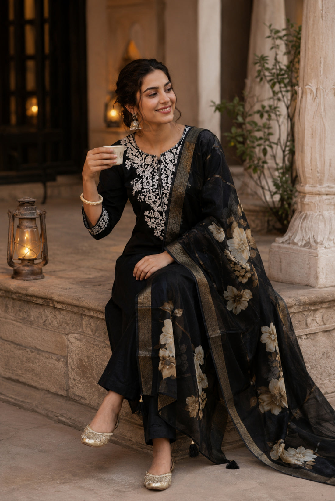 Classic Black Roman Silk Embroidered Suit Set