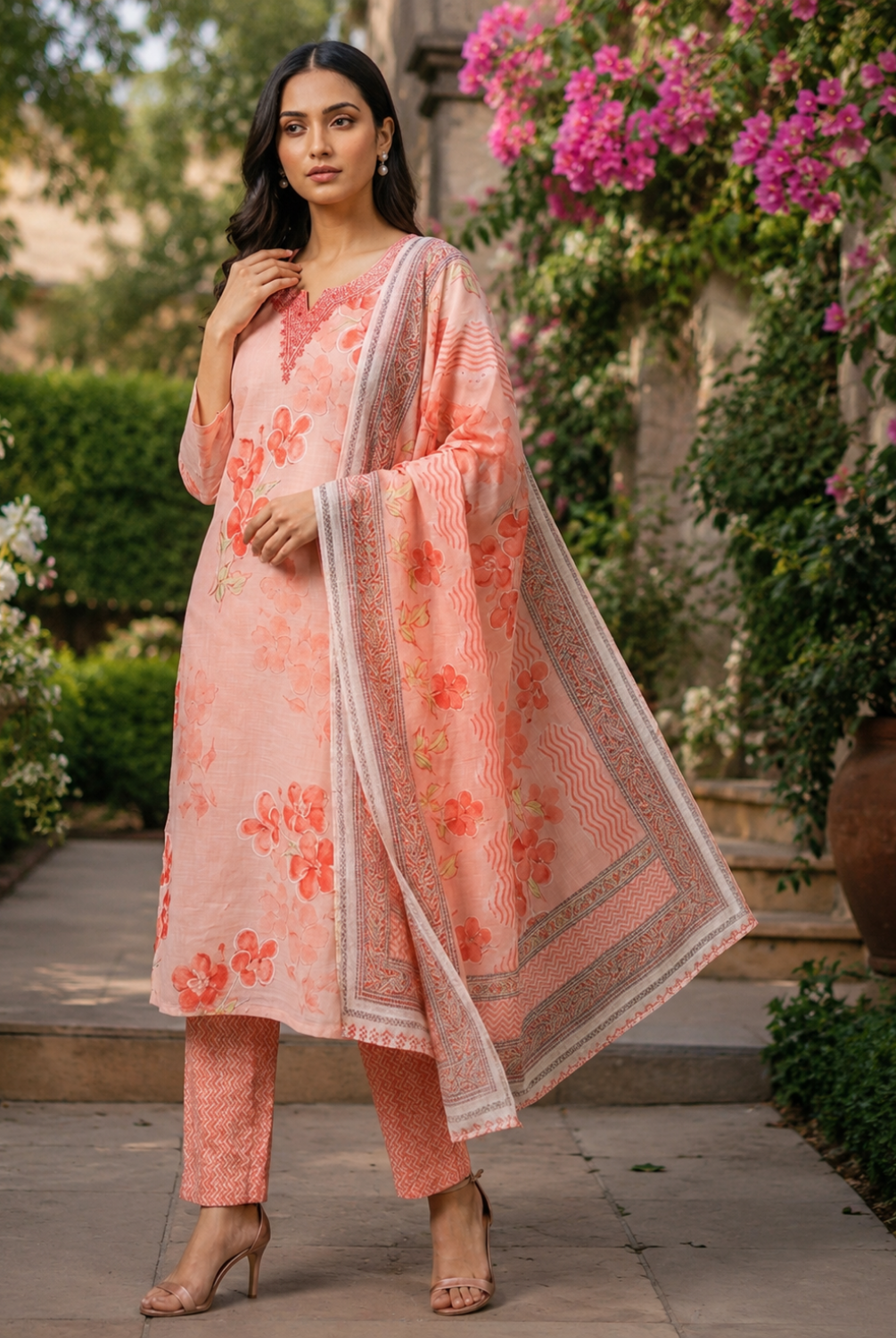 Peach Floral Printed Suit Set with Dupatta