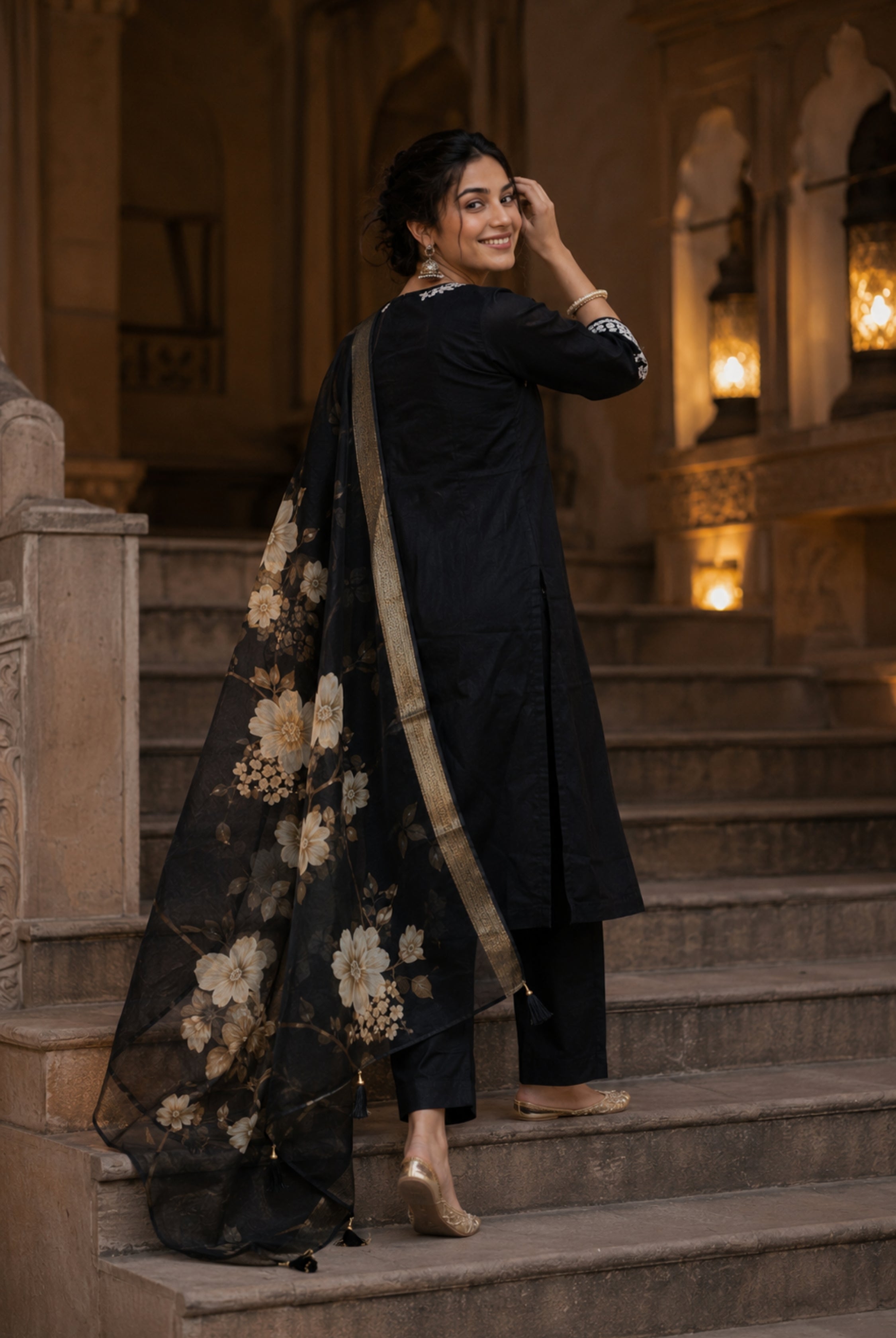 Classic Black Roman Silk Embroidered Suit Set
