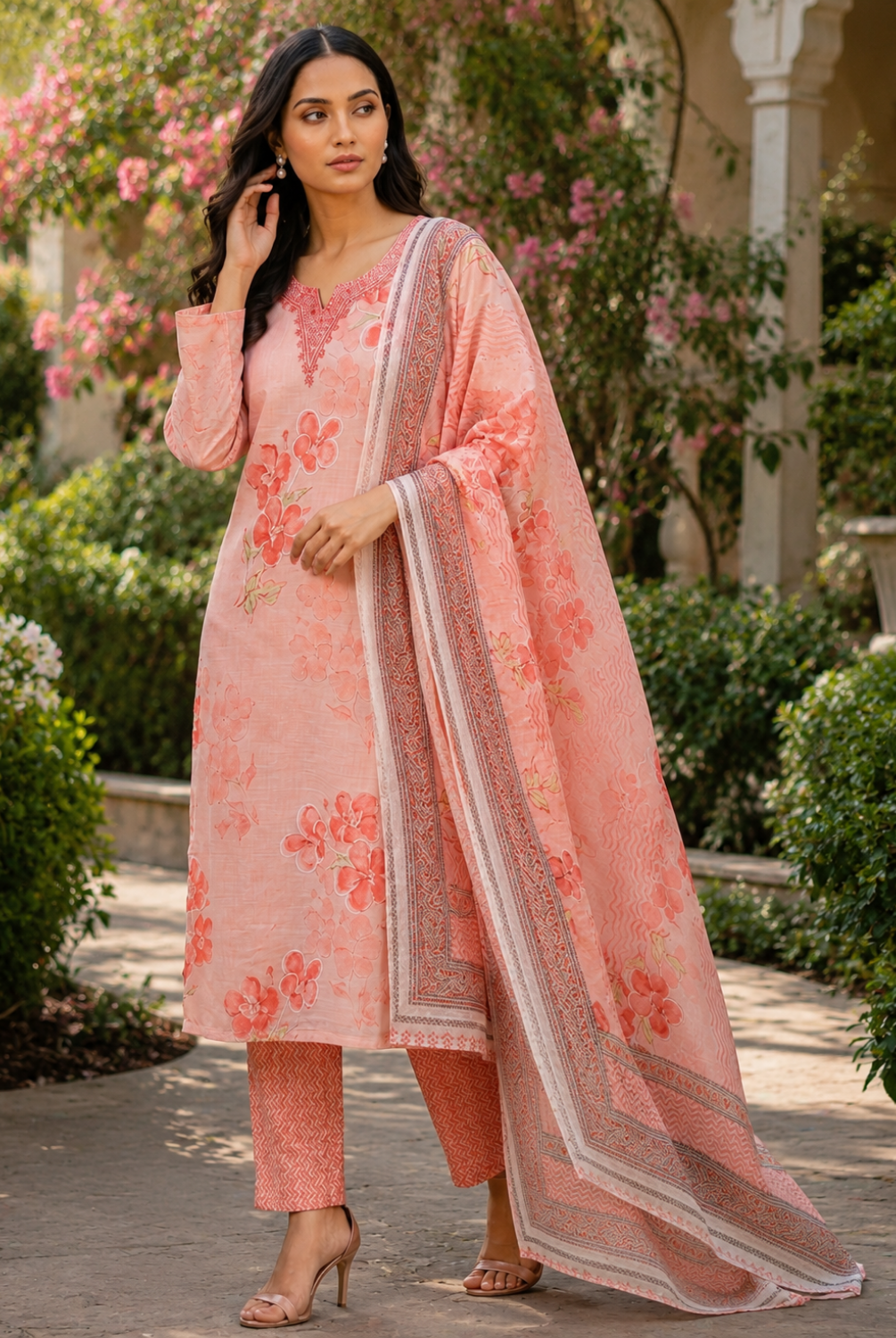Peach Floral Printed Suit Set with Dupatta