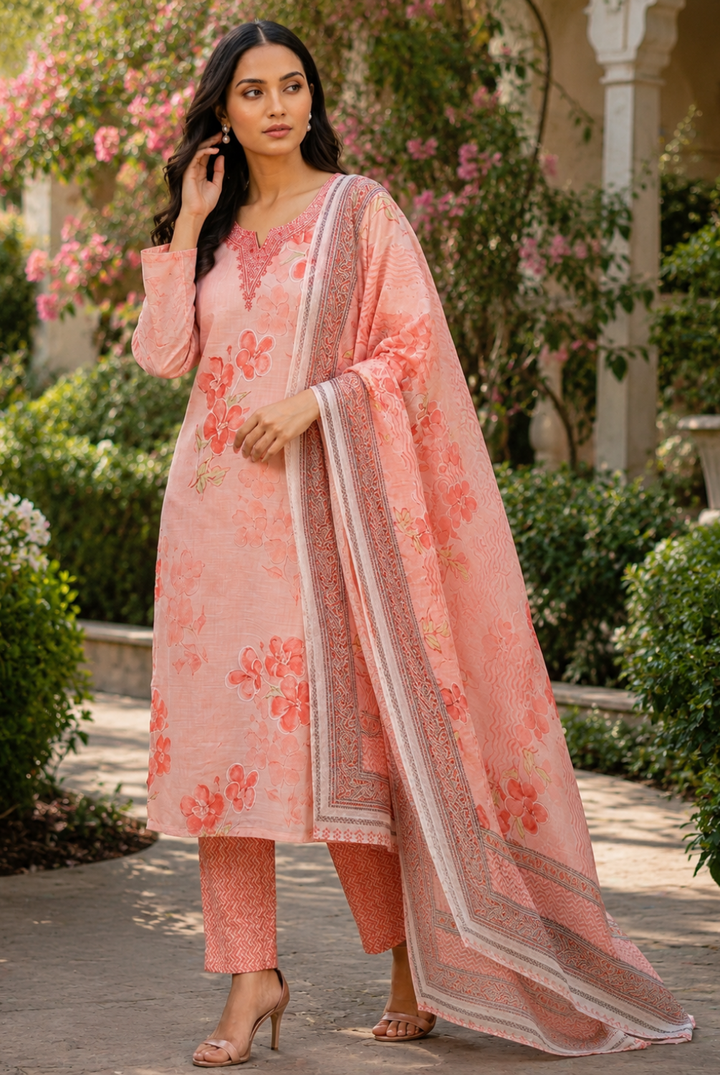 Peach Floral Printed Suit Set with Dupatta