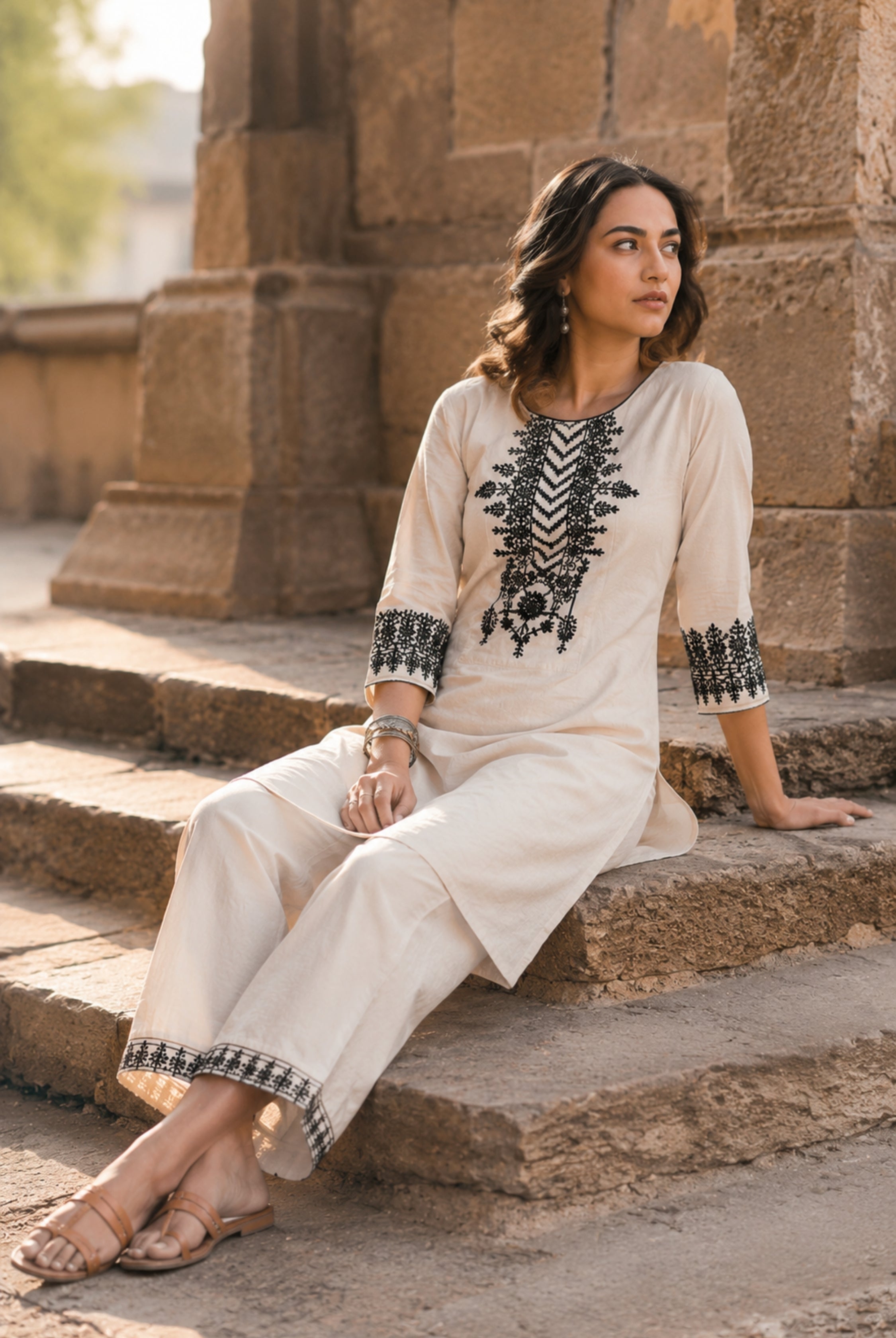 Ivory Heritage Embroidered Cotton Co-Ord Set