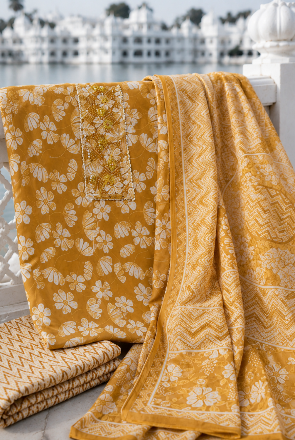 Mustard Floral Printed Cotton Suit Set with Dupatta