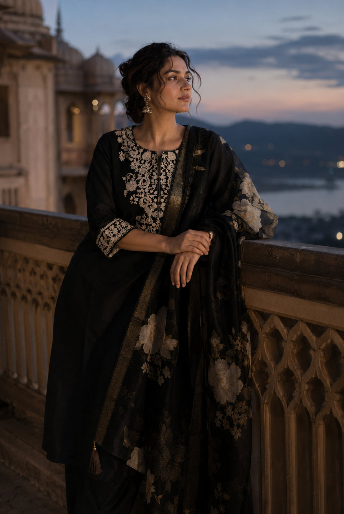 Classic Black Roman Silk Embroidered Suit Set