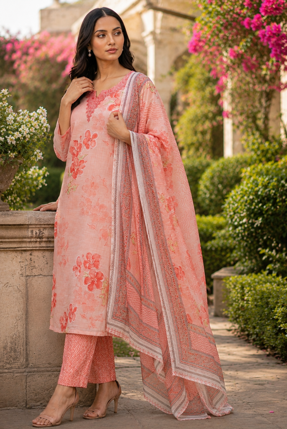 Peach Floral Printed Suit Set with Dupatta