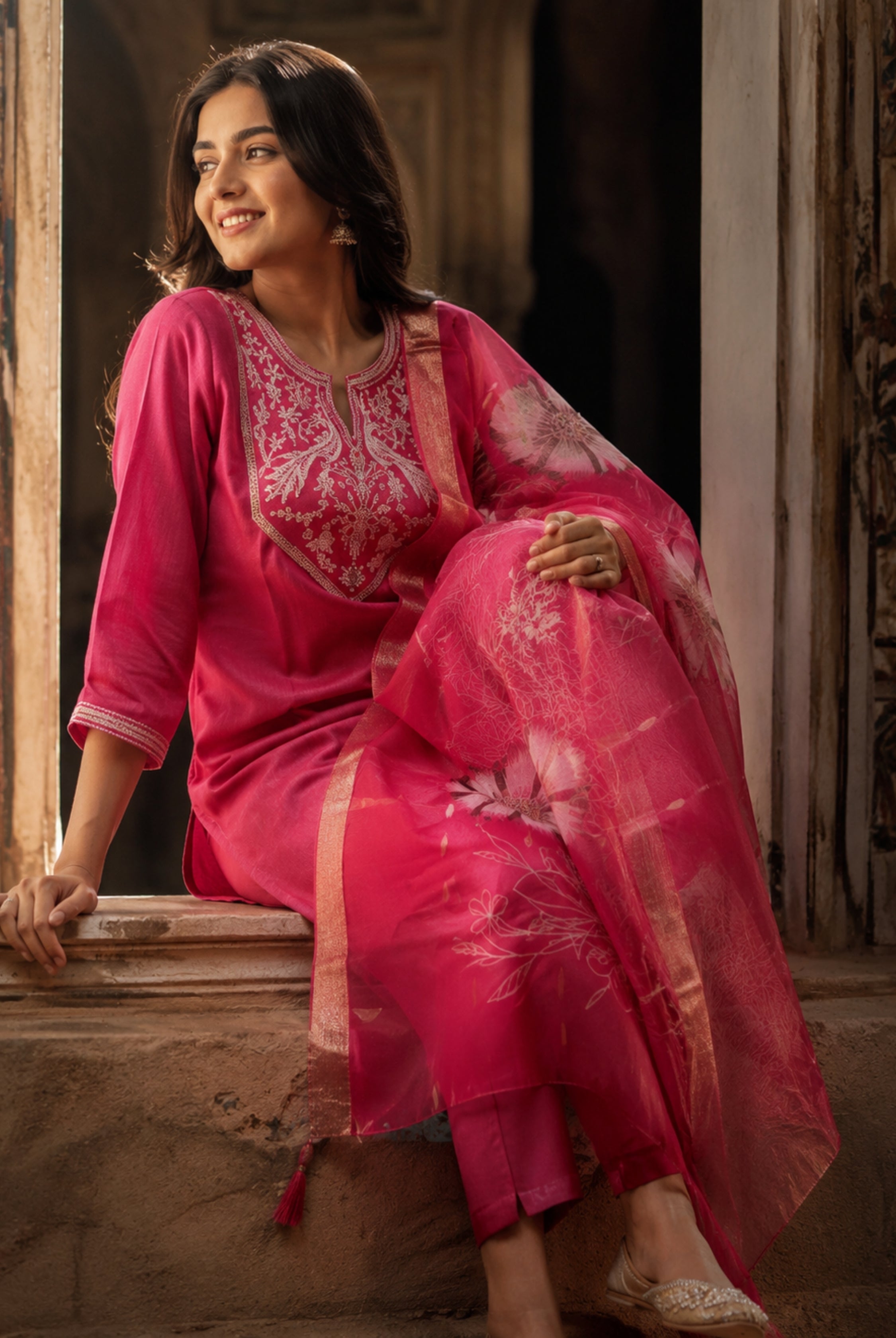 Rani Pink Roman Silk Embroidered Suit Set