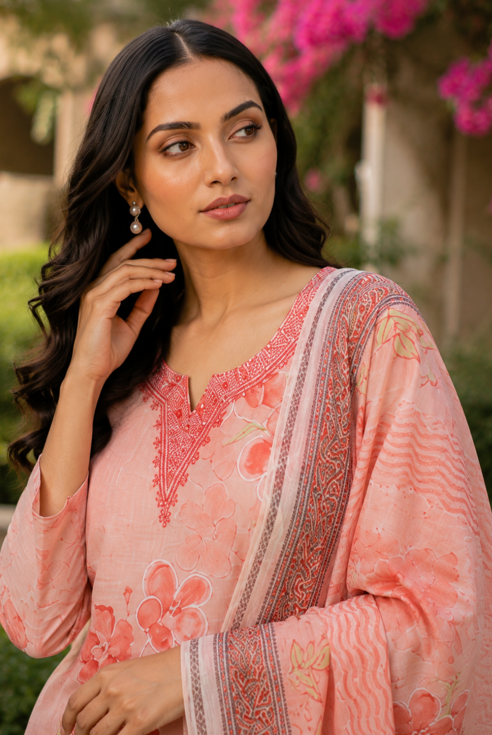 Peach Floral Printed Suit Set with Dupatta