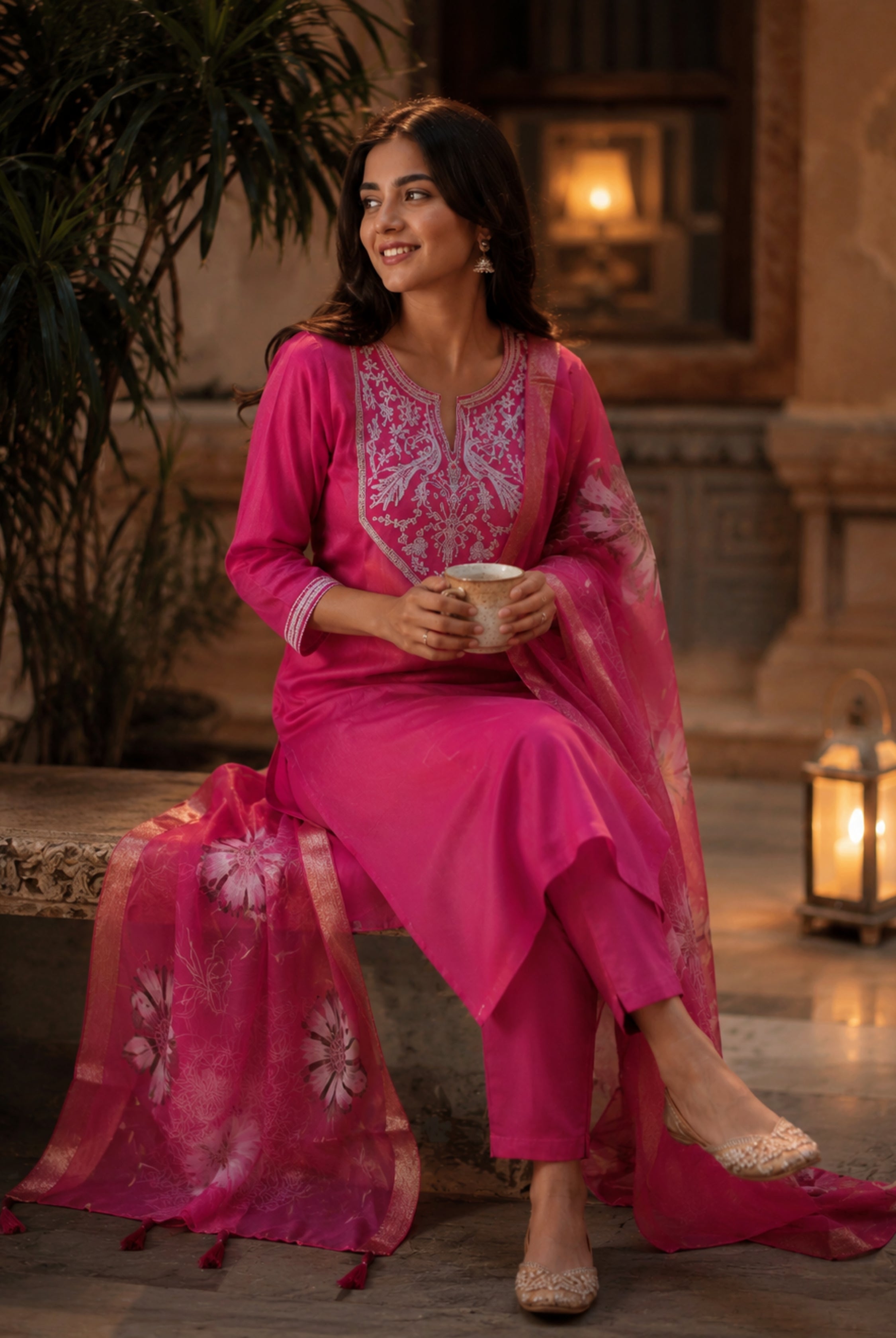 Rani Pink Roman Silk Embroidered Suit Set