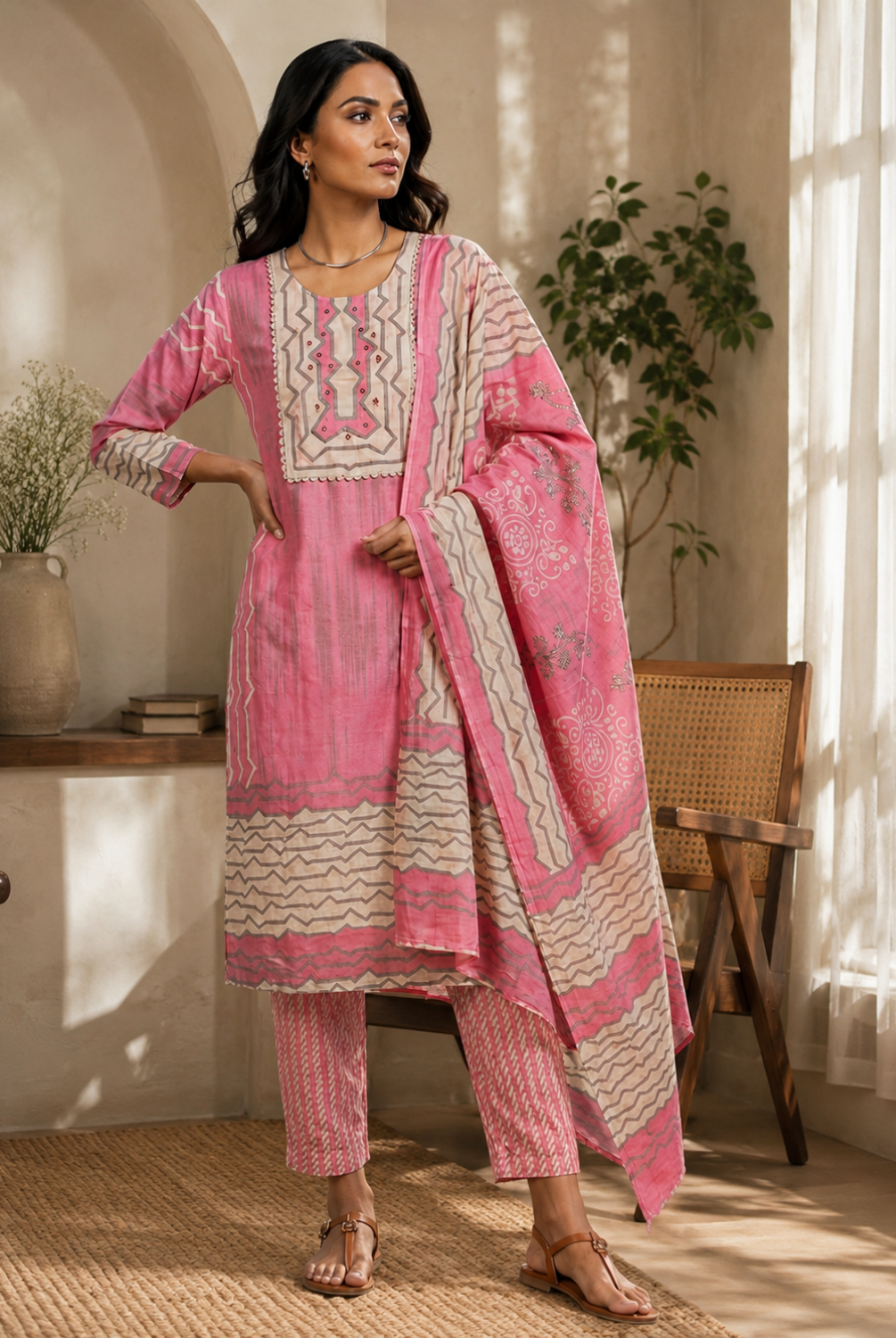 Pink Geometric Printed Suit Set with Dupatta