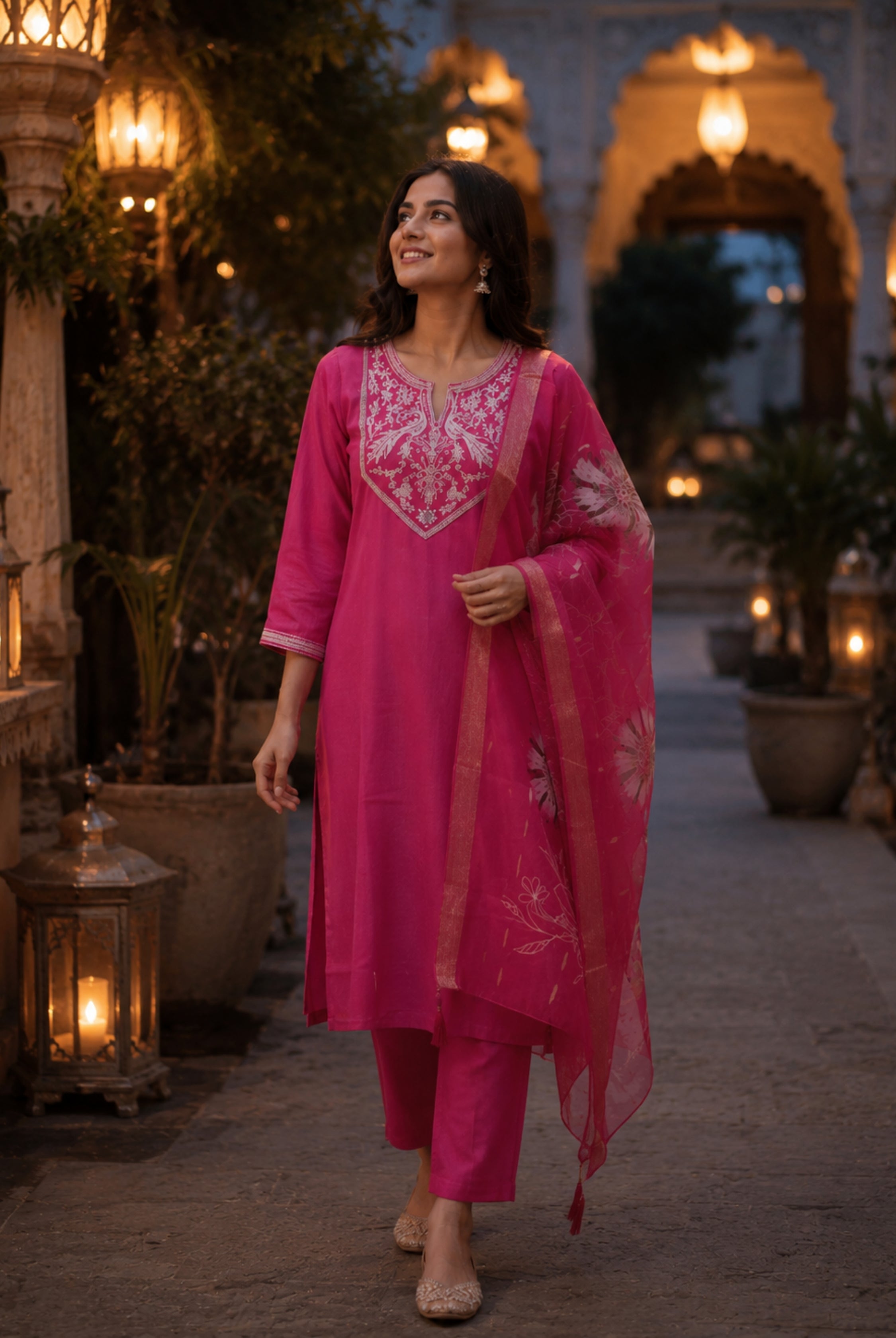 Rani Pink Roman Silk Embroidered Suit Set