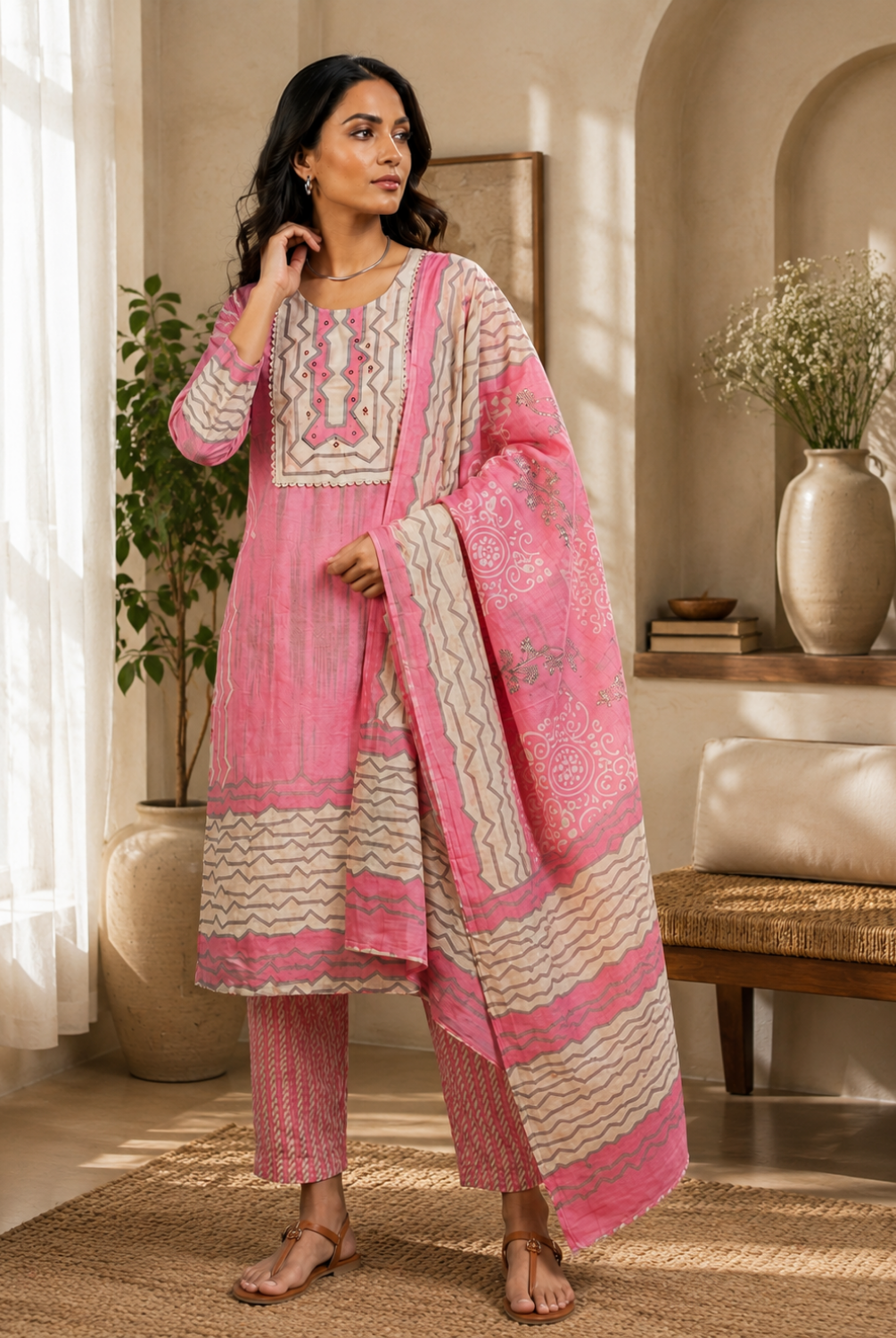 Pink Geometric Printed Suit Set with Dupatta