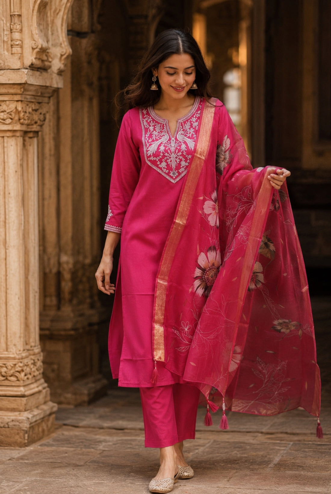 Rani Pink Roman Silk Embroidered Suit Set
