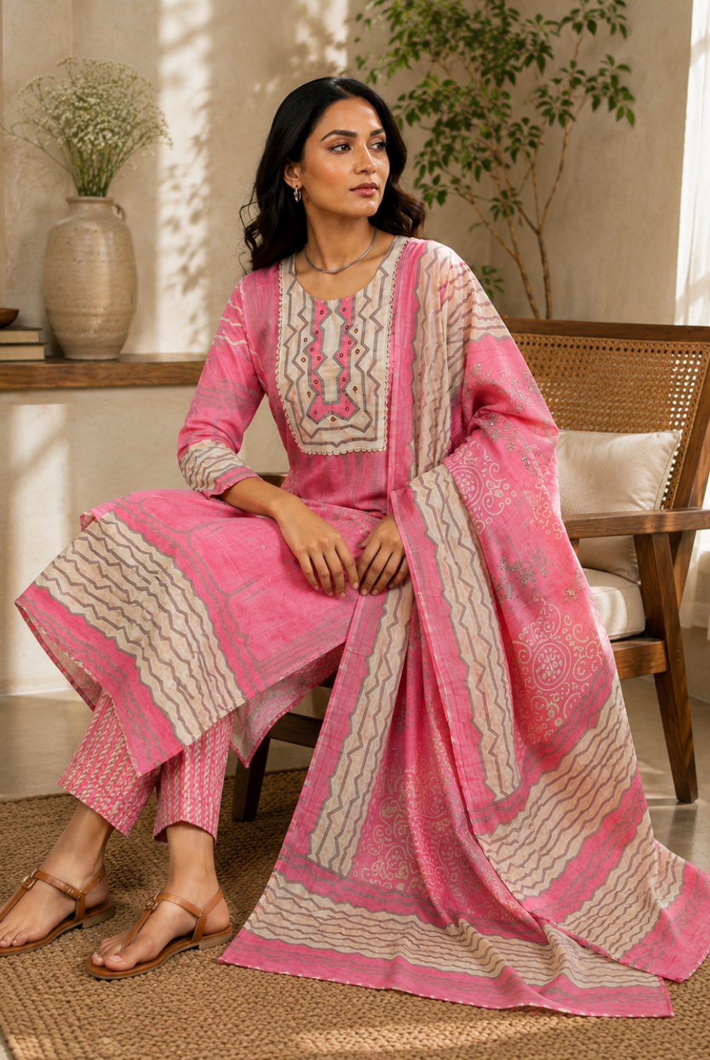 Pink Geometric Printed Suit Set with Dupatta