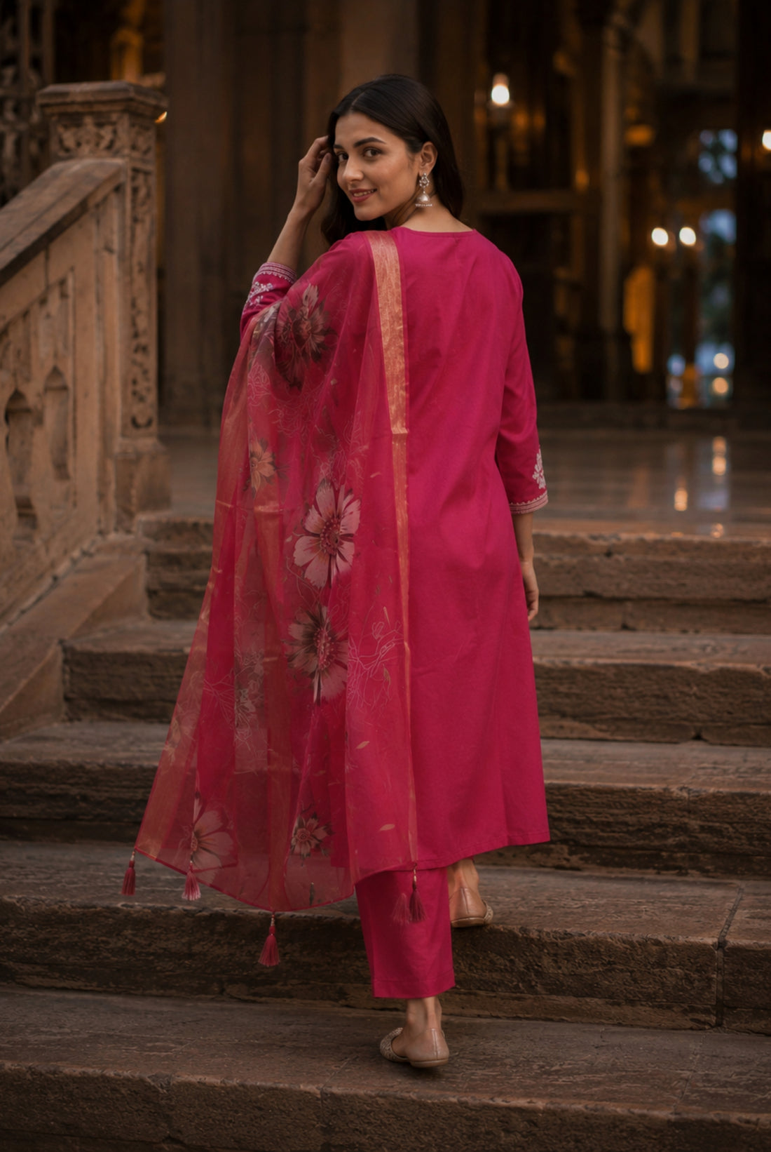 Rani Pink Roman Silk Embroidered Suit Set