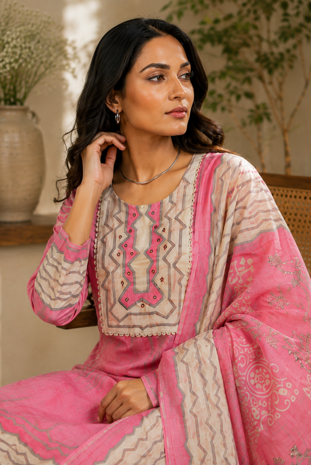 Pink Geometric Printed Suit Set with Dupatta