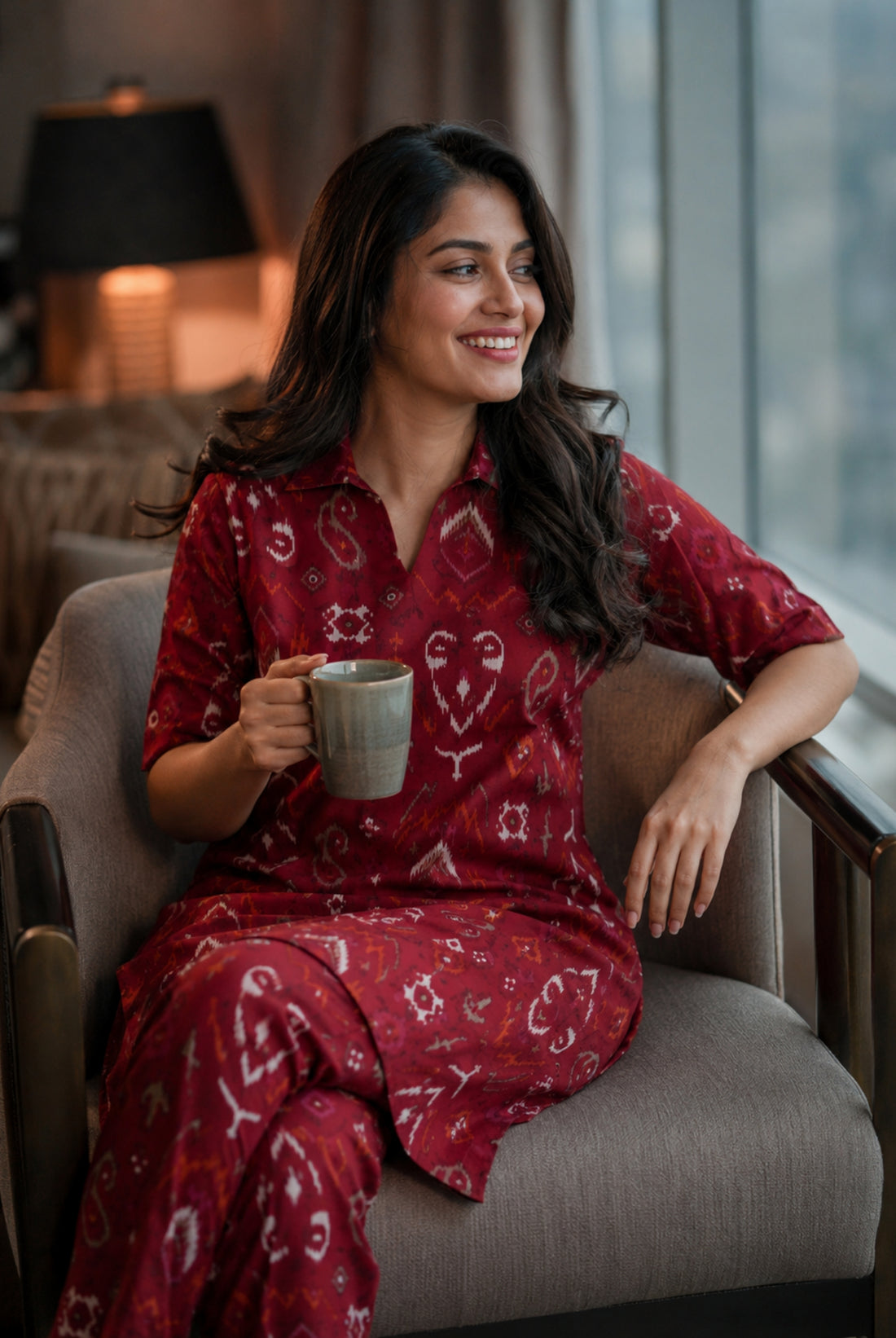Maroon Ikat Printed Vertican Co-Ord Set