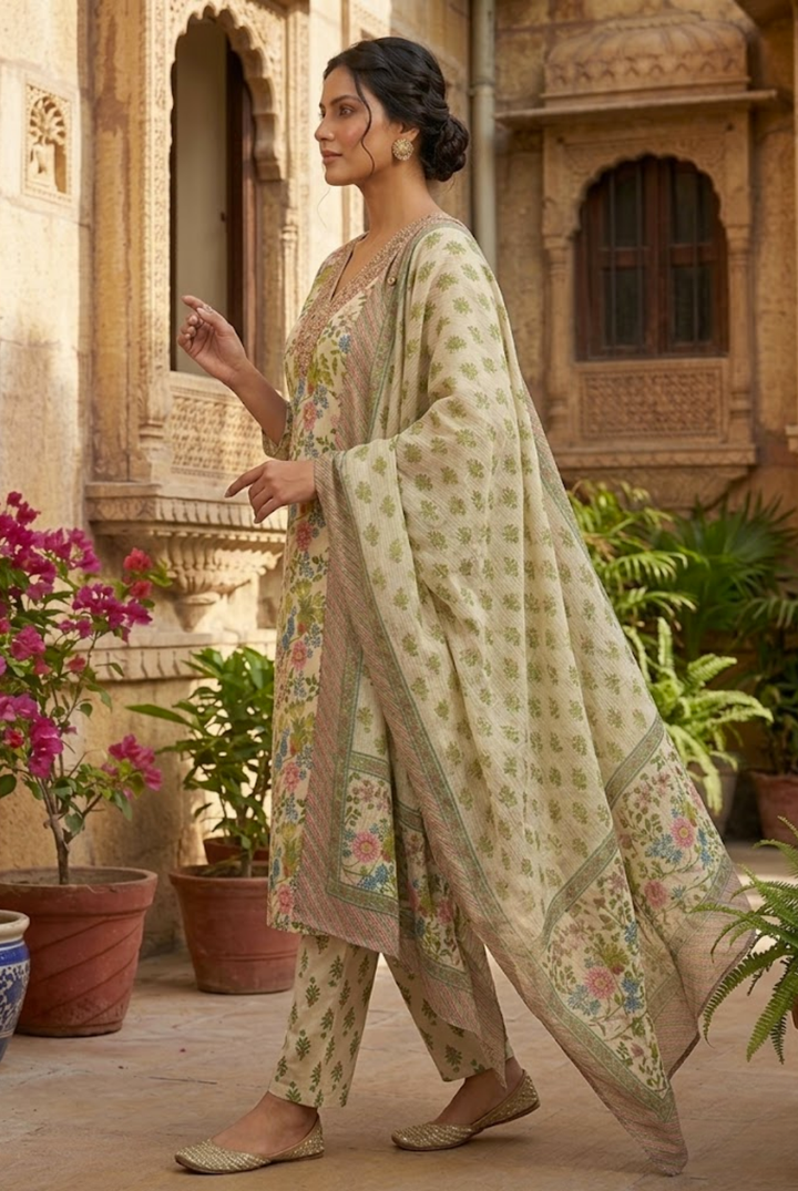 Ivory Floral Printed Designer Suit Set with Dupatta