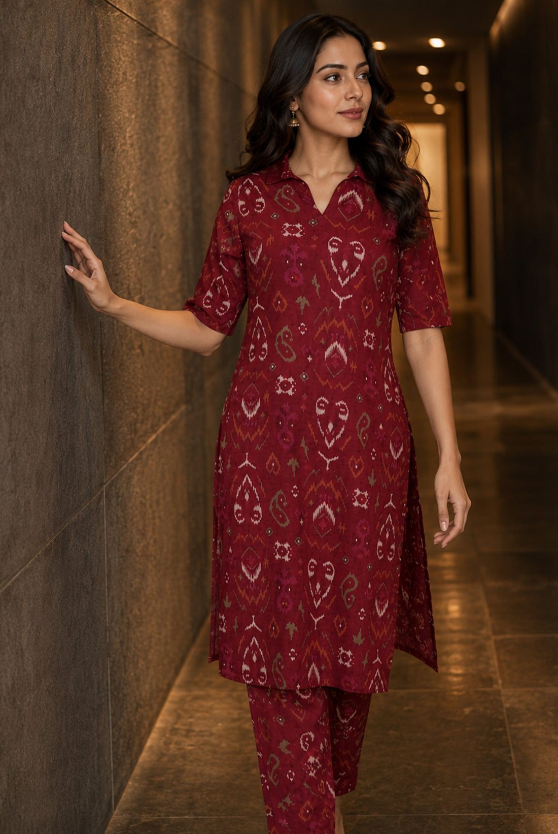 Maroon Ikat Printed Vertican Co-Ord Set