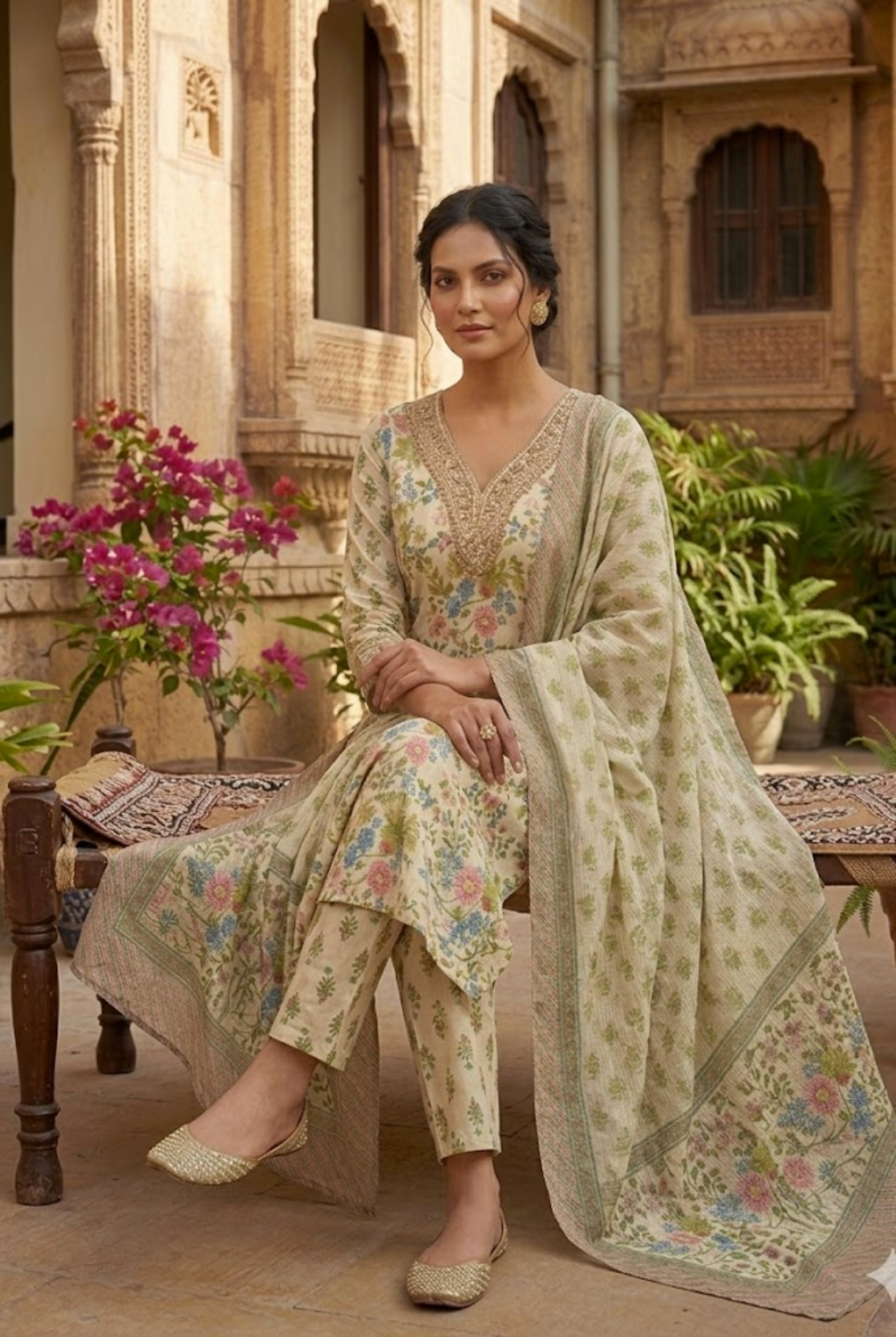 Ivory Floral Printed Designer Suit Set with Dupatta