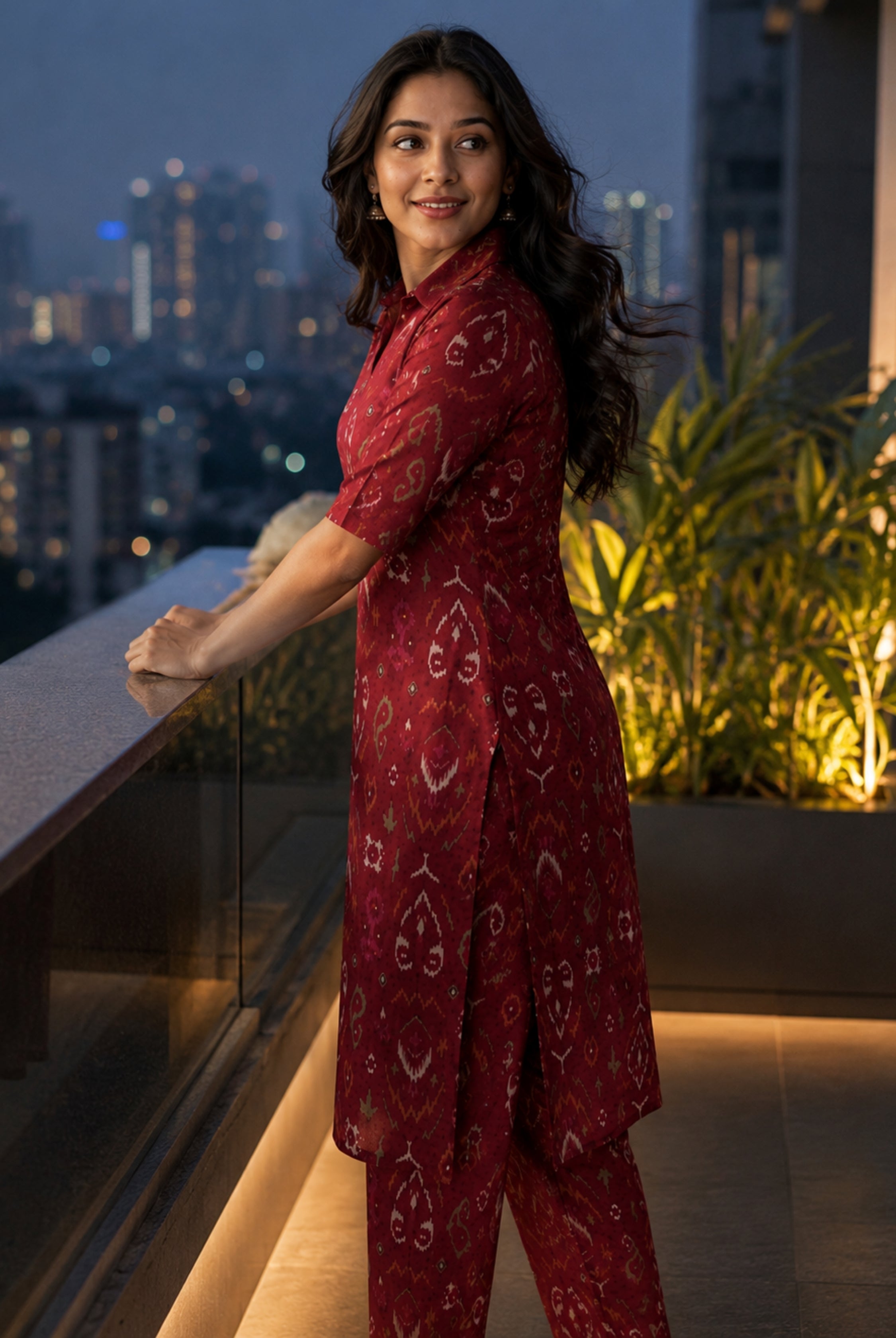 Maroon Ikat Printed Vertican Co-Ord Set