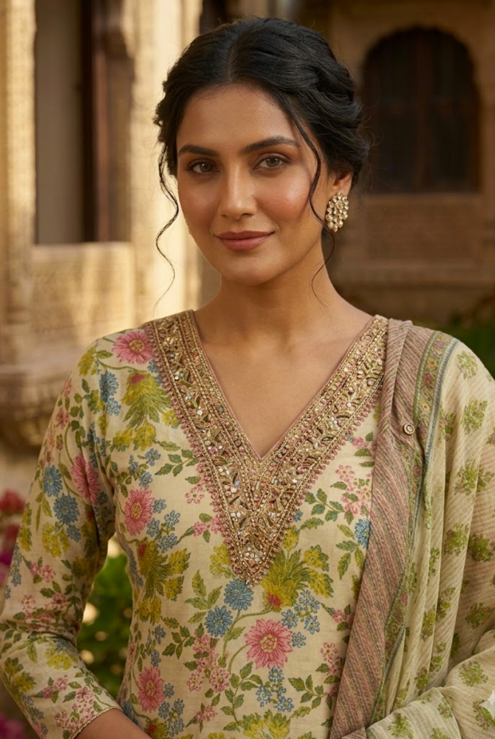 Ivory Floral Printed Designer Suit Set with Dupatta