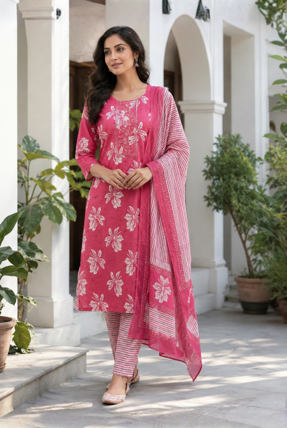 Pink Floral Printed Cotton Suit Set with Dupatta