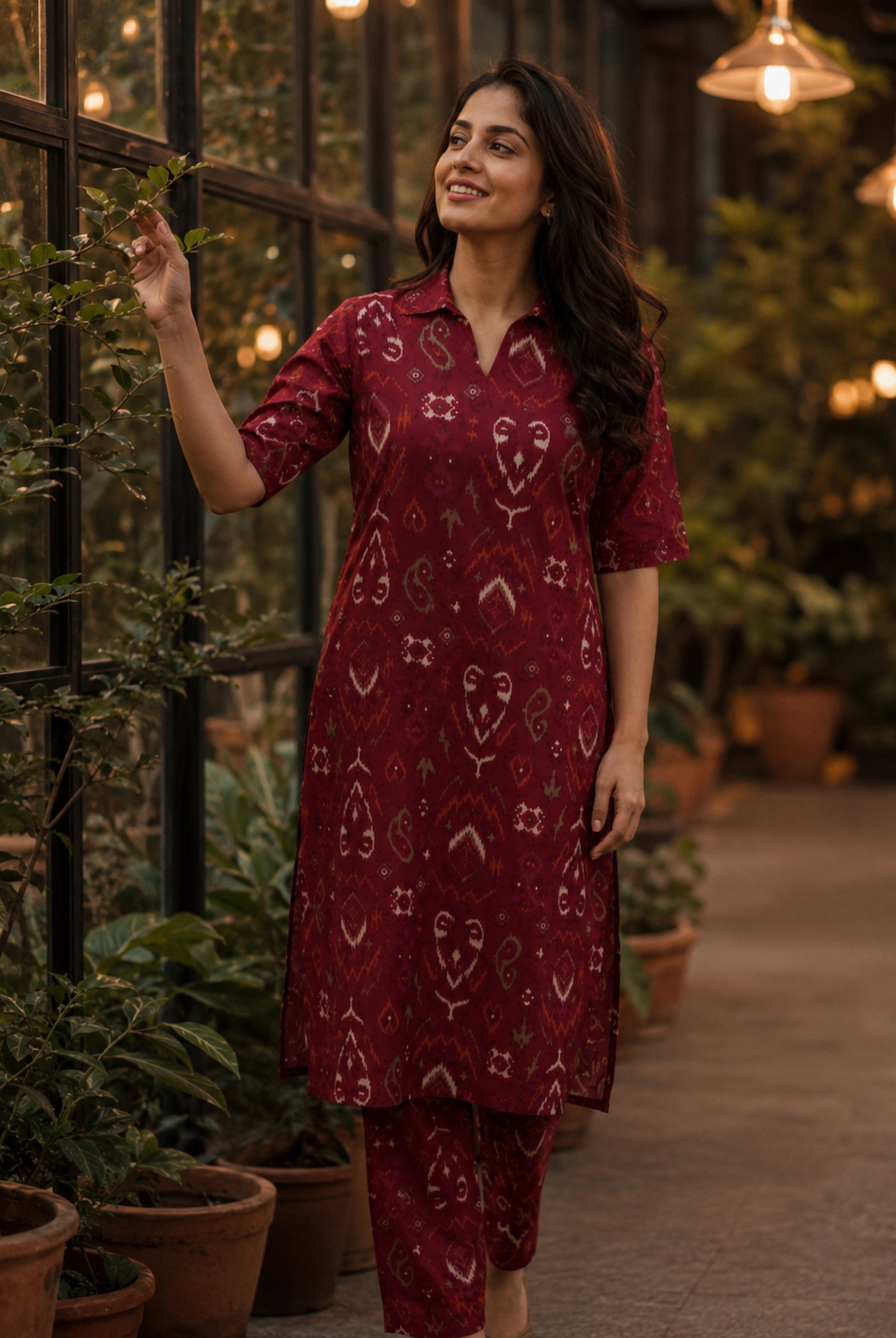 Maroon Ikat Printed Vertican Co-Ord Set