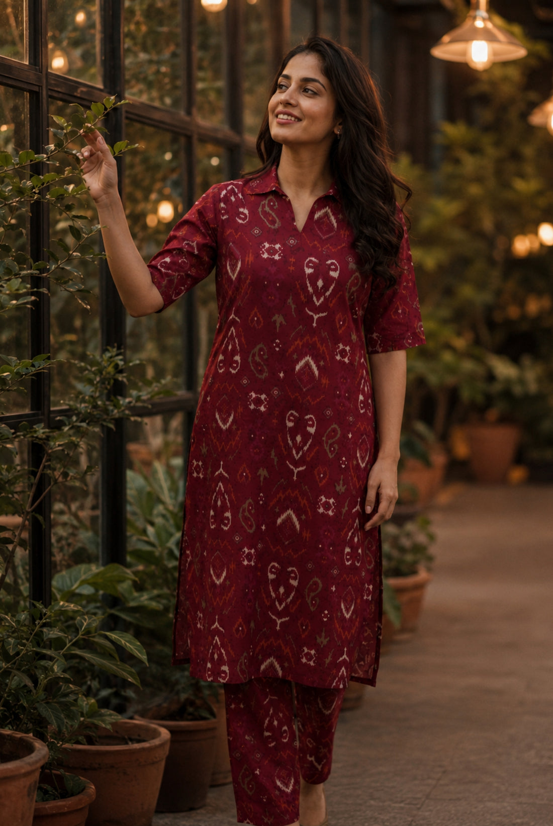 Maroon Ikat Printed Vertican Co-Ord Set