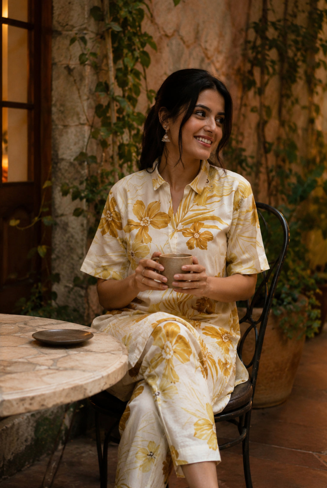 Ivory Floral Printed Vertican Co-Ord Set