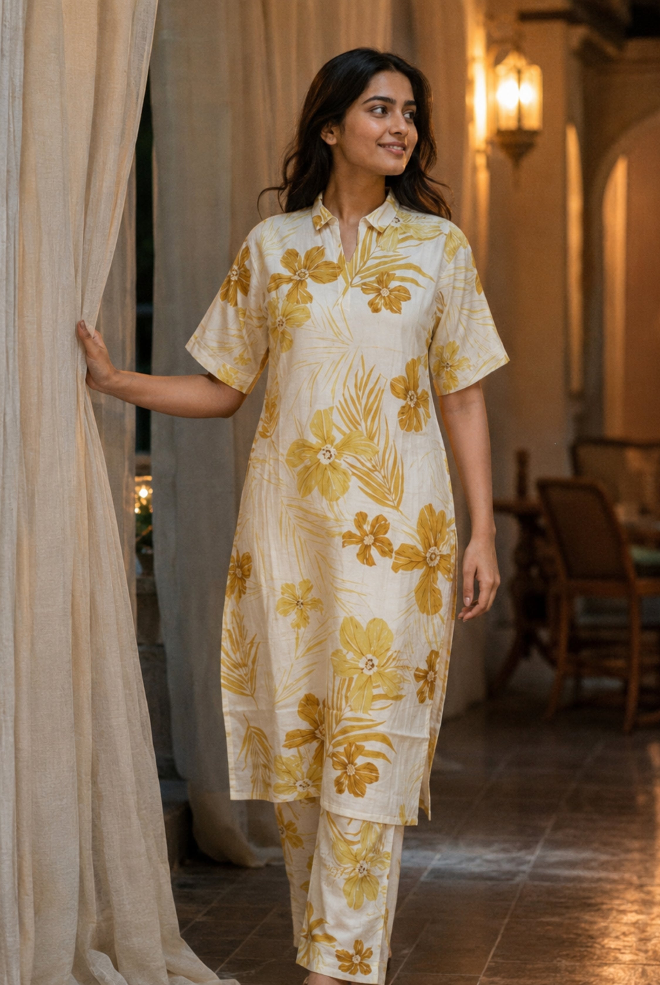 Ivory Floral Printed Vertican Co-Ord Set