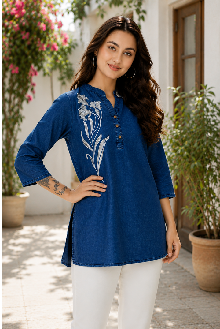 Indigo Blue Embroidered Short Kurti