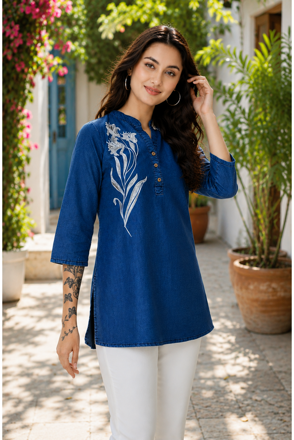 Indigo Blue Embroidered Short Kurti