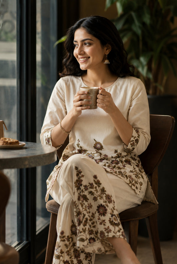 Ivory Floral Khadi Cotton Co-Ord Set