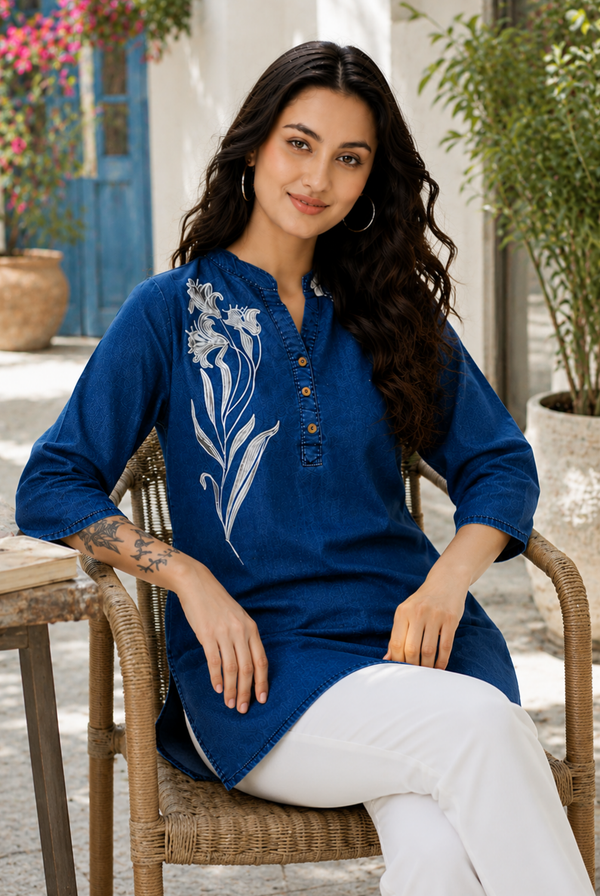 Indigo Blue Embroidered Short Kurti