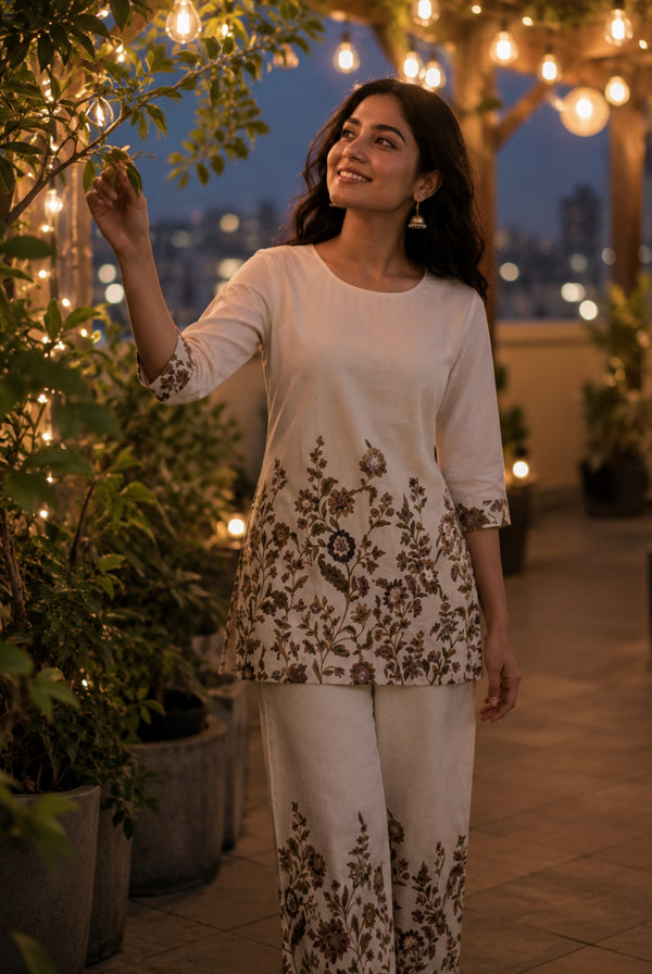 Ivory Floral Khadi Cotton Co-Ord Set
