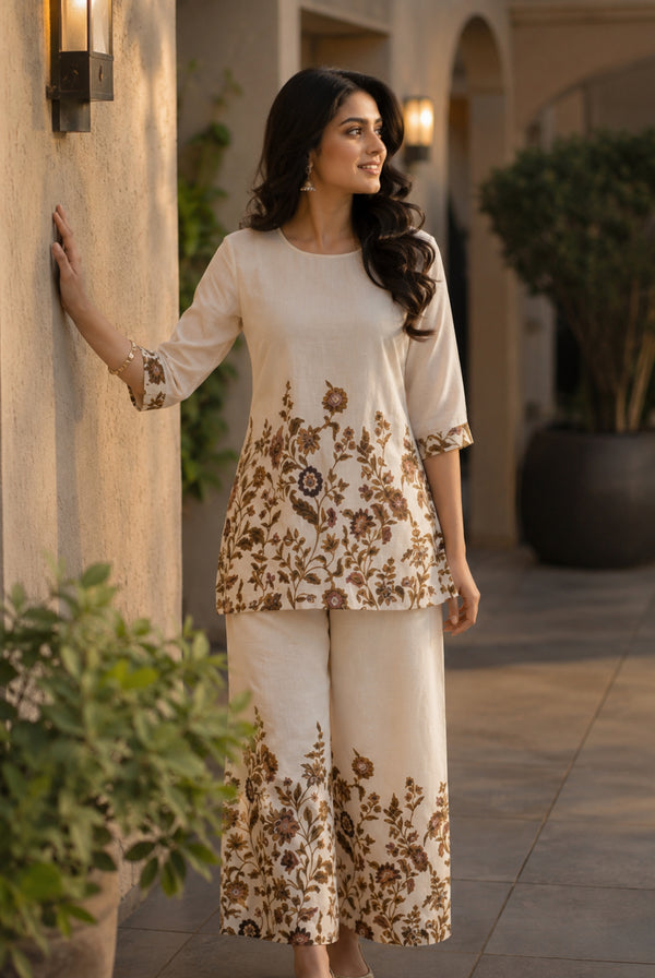 Ivory Floral Khadi Cotton Co-Ord Set