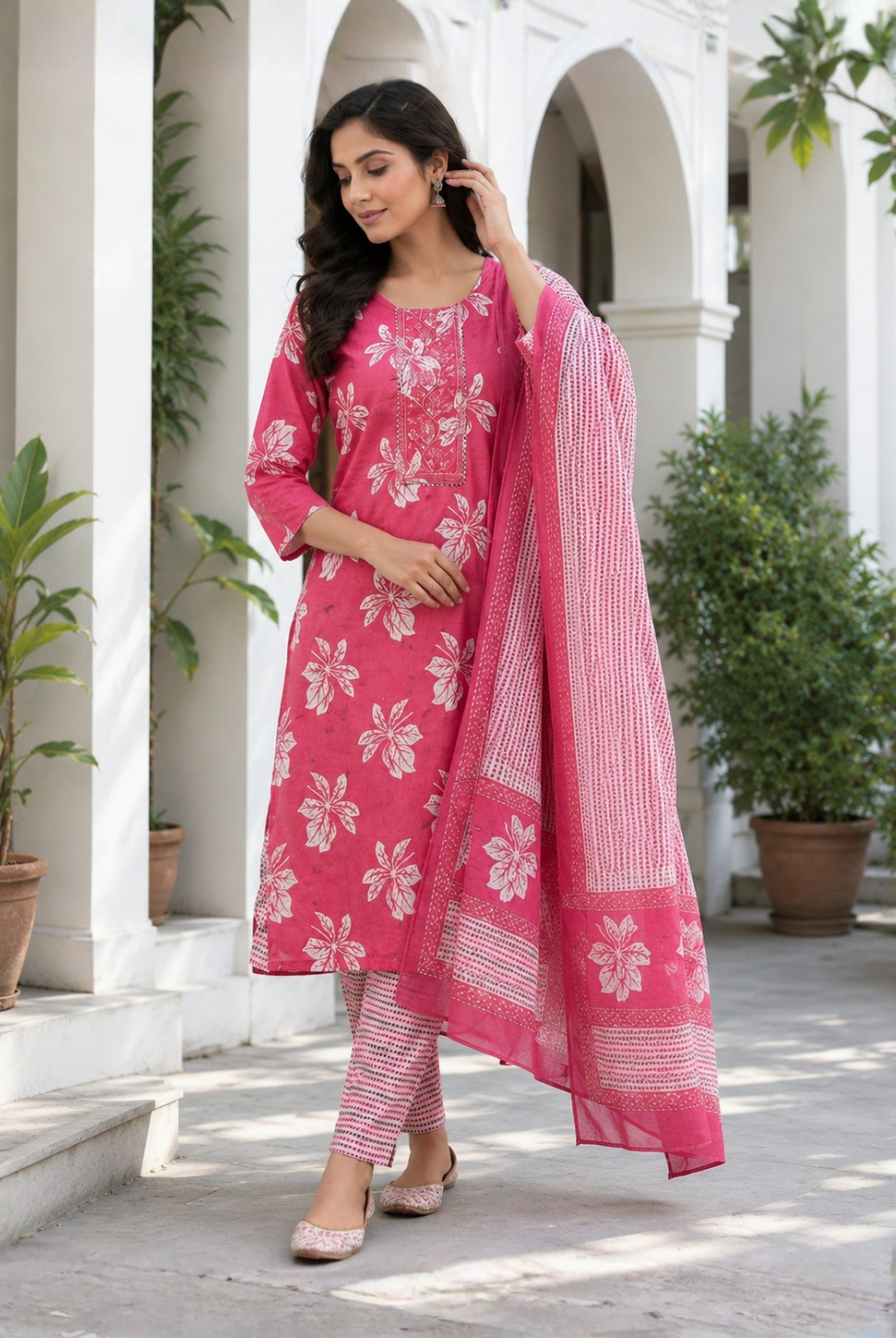 Pink Floral Printed Cotton Suit Set with Dupatta